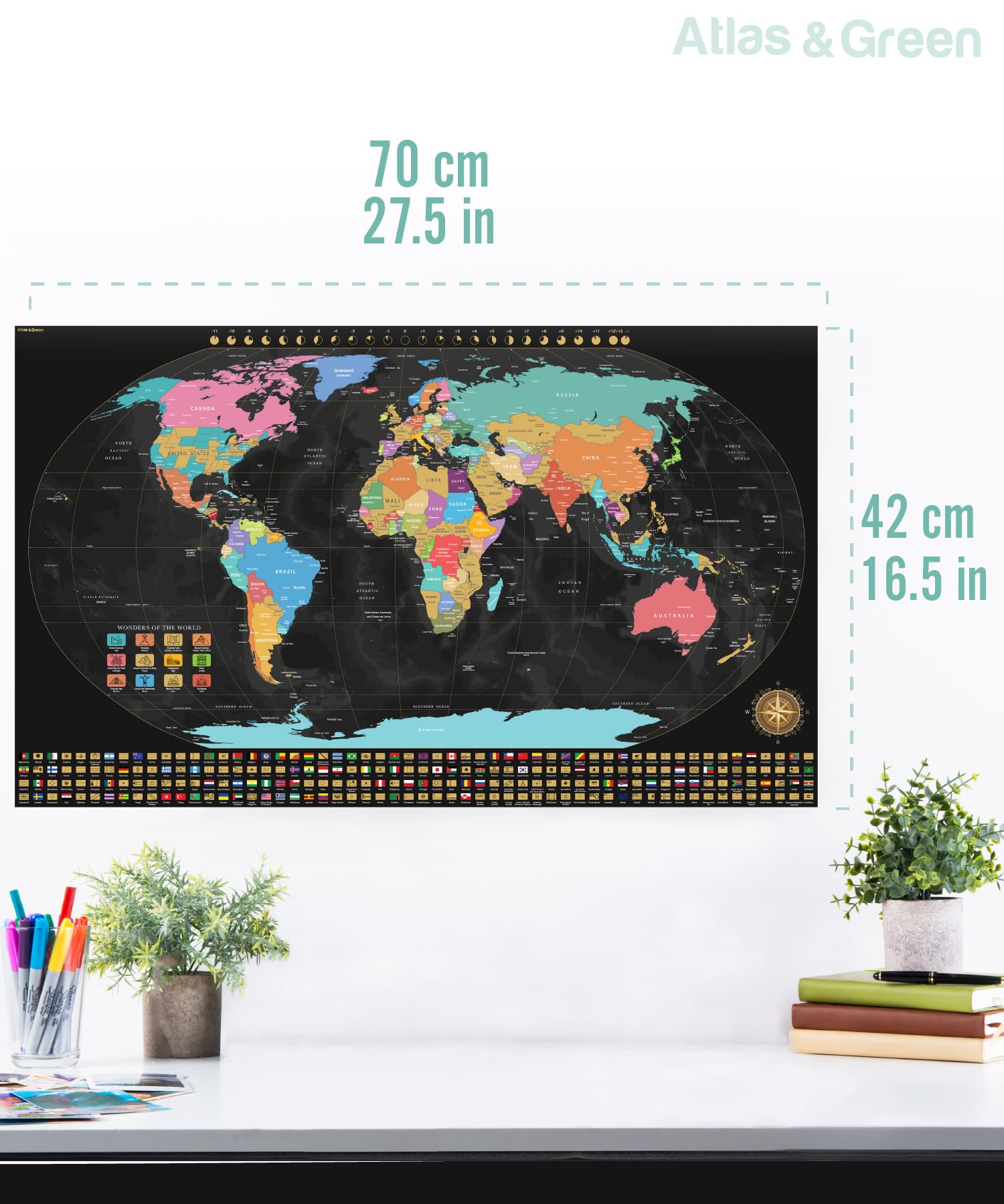 Atlas & Green Scratch Off World Map with all U.S States and Flags of the World. Large 28x16.5". Places I've Been Poster Scratch Off Map. World Travel Poster with Accessories and Gift Tube