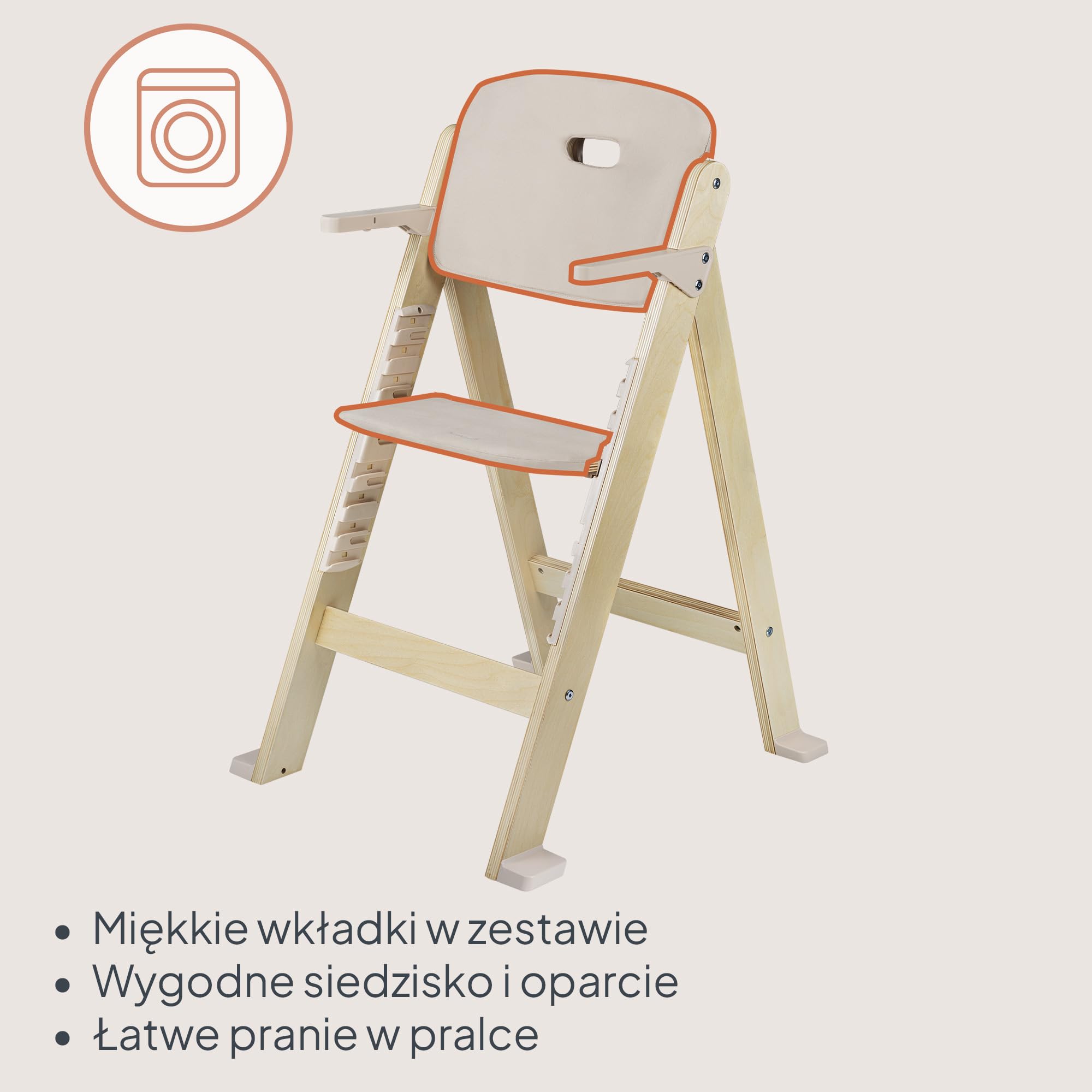 LIONELO Floris Krzesło 3 w 1 z drewna brzozowego | Wyjmowana taca do mycia naczyń, wysokość i podnóżek regulowana w 4 pozycjach, 5-punktowe bezpieczeństwo, styl skandynawski