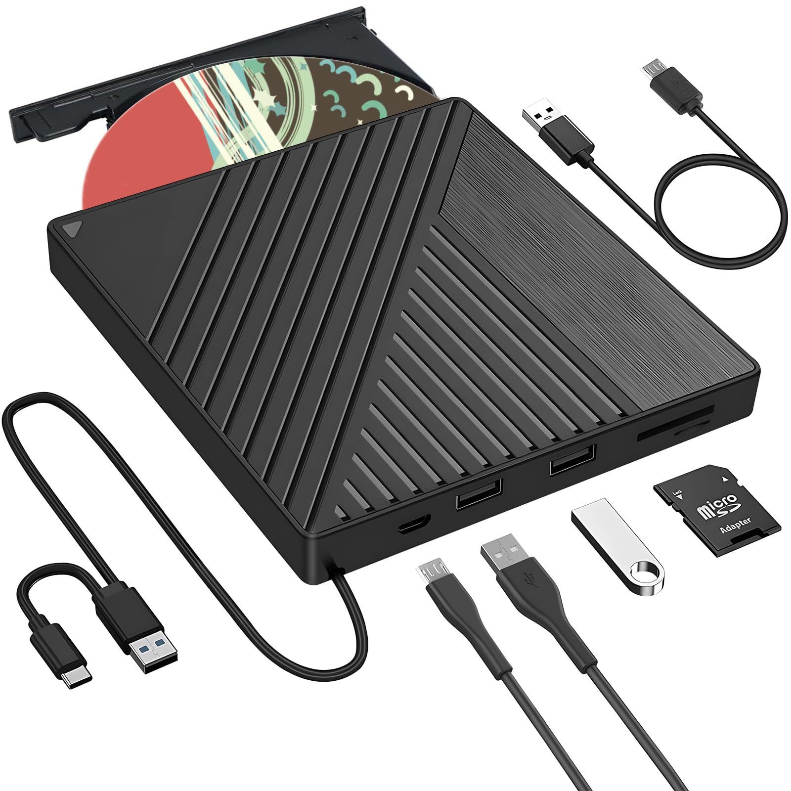 Lector DVD Externo ara PC, Lector CD Externo, USB 3.0 grabadora DVD Externa, Tarjetas SD TF y 2 Puertos USB,Disquetera Externa USB Win11/Win10/Win7/Win 8.1/Linux,Vista MacBook Mac OS