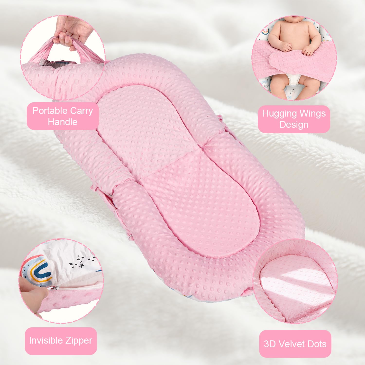 Sdraio 3 in 1 per neonati, portatile da 0 a 24 mesi, cuscino pieghevole e supporto per seggiolino, rivestimento rimovibile in 100% cotone e velluto, double face, ideale come regalo per