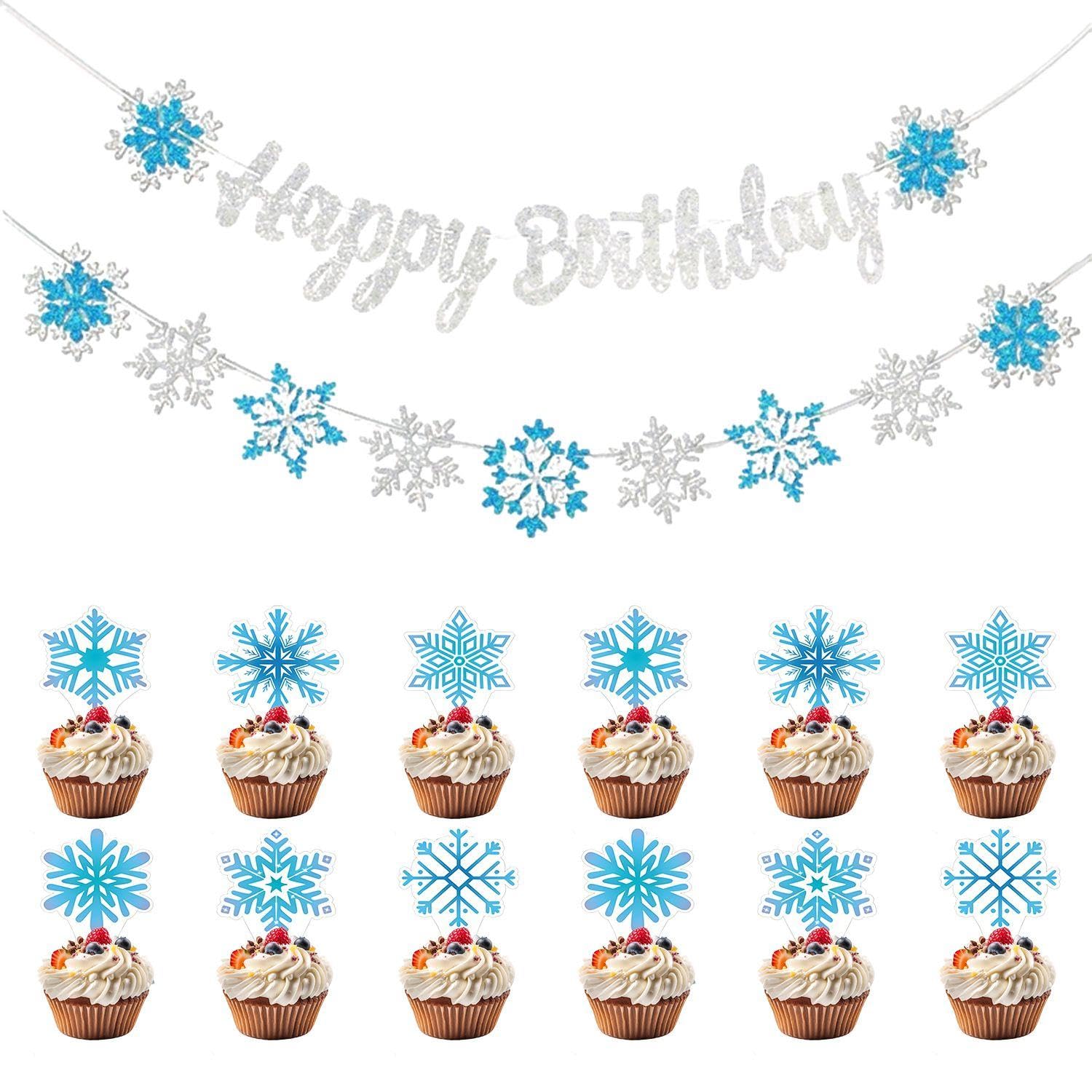 Ubsiuh Blue 2 Pieces Of Flashing Birthday Flags, 12 Pieces Of Snowflake Placards, Banners Hanging On The Background Wall, Cake Decoration Plug-Ins, Birthday Party Decoration Supplies.