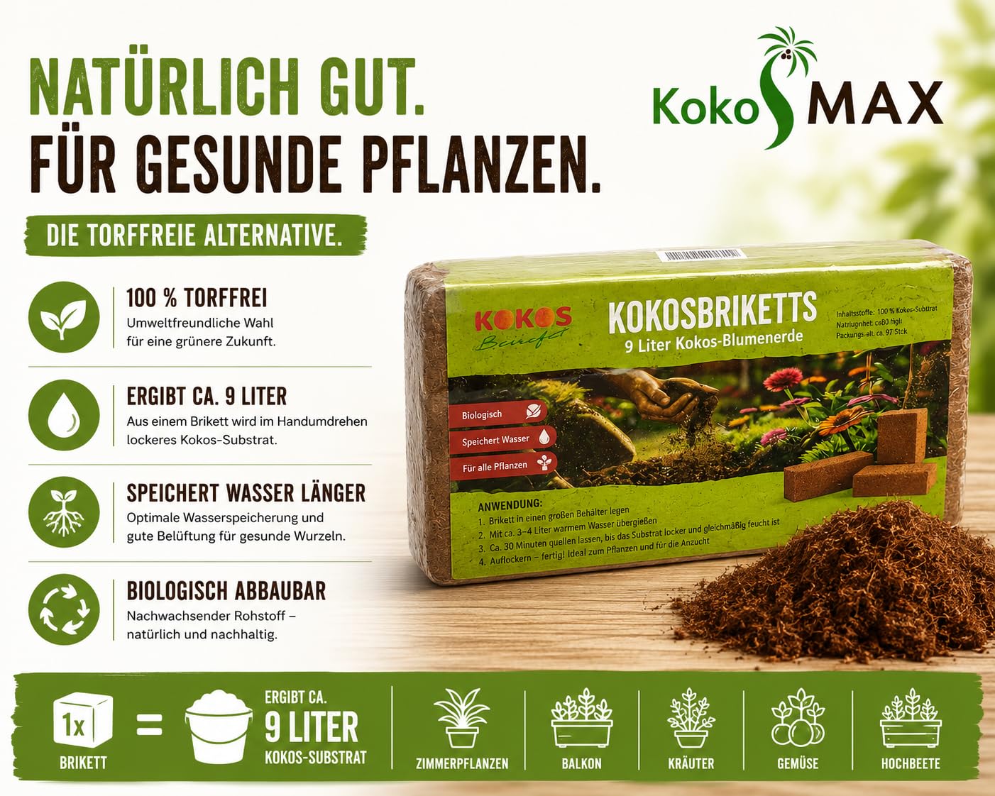 Kokosfaserhumus 24 x 600 g – ergibt ca. 210 Liter Kokoserde – torffreies Kokossubstrat aus Kokosfasern – Blumenerde für Aussaat, Kräuter, Gemüse & Zimmerpflanzen