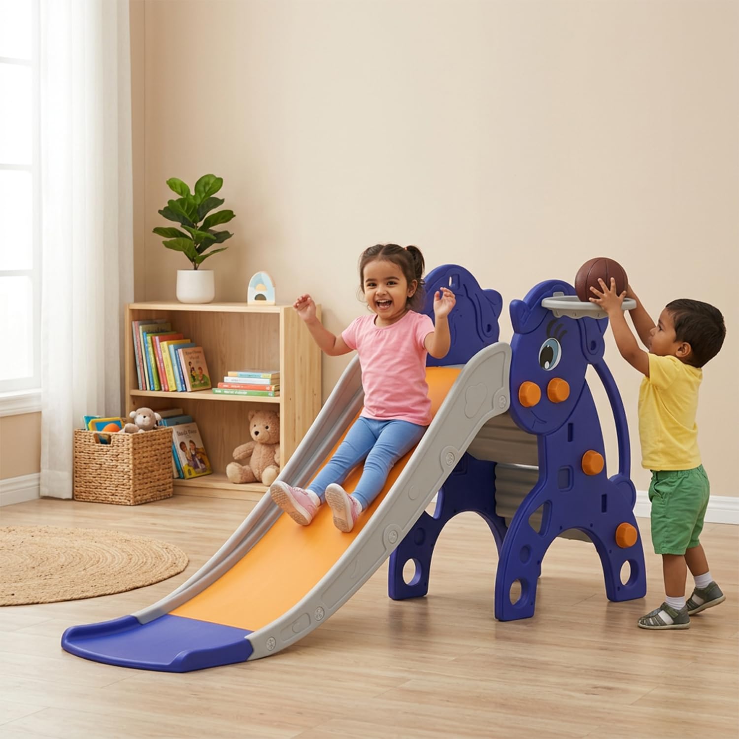 Amazon Brand - Solimo Modern Unicorn Slide-Junior for 2-5 Year Kids| Indoor Outdoor SlideIwith Basketball RingIEasy to CleanIRounded EdgesIEasy AssemblyISmall 42 X 62 X 75cmIBlue&Orange