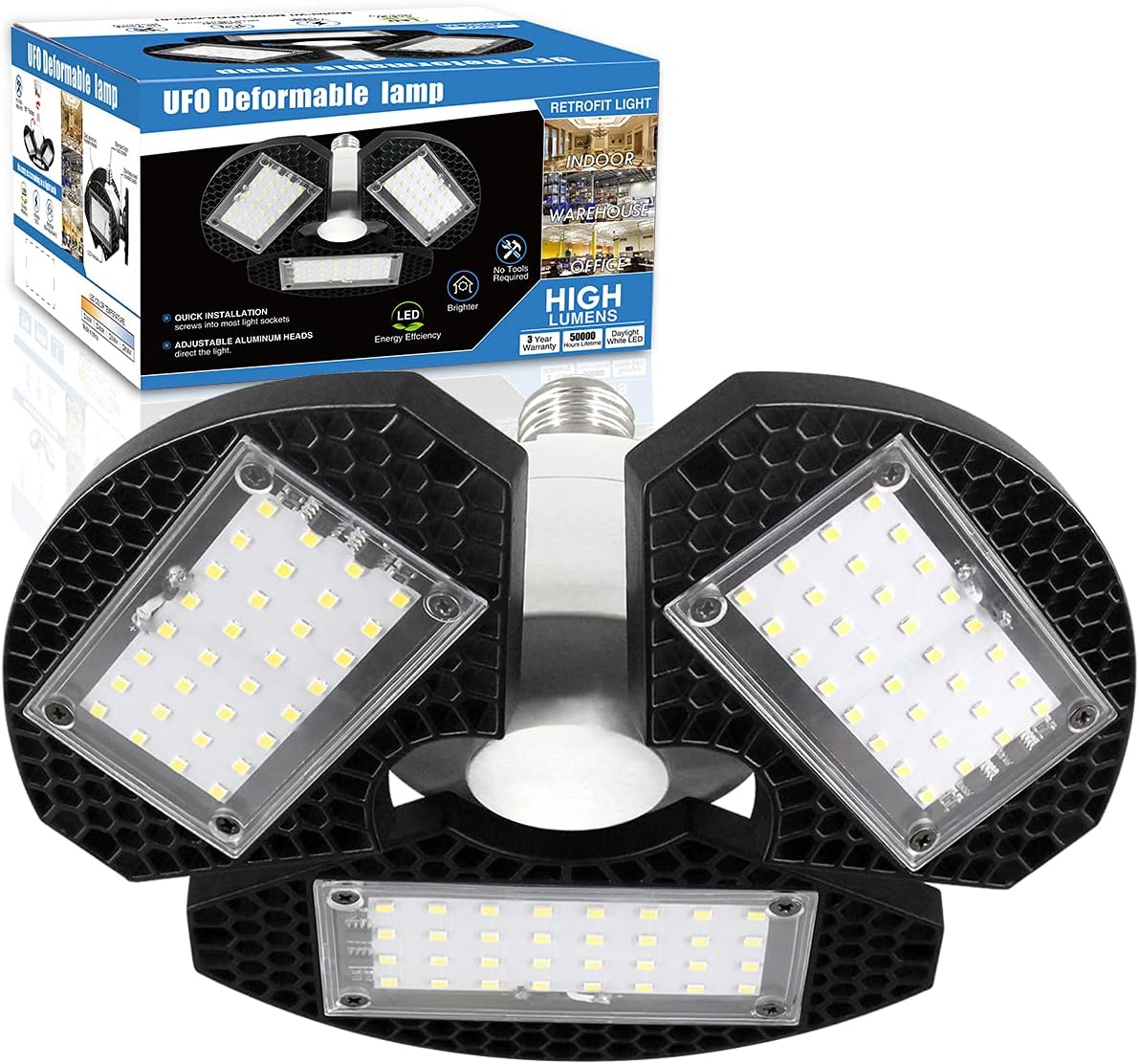 ZJOJO Garage Light 1pack 60W 7500LM Led Shop Light 6000K,Garage Lights Ceiling Led with 3 Adjustable Panels,Shop Lights for Garage Led Super Bright,E26 Base Ideal for Workshop/Attic/Barn/Basement