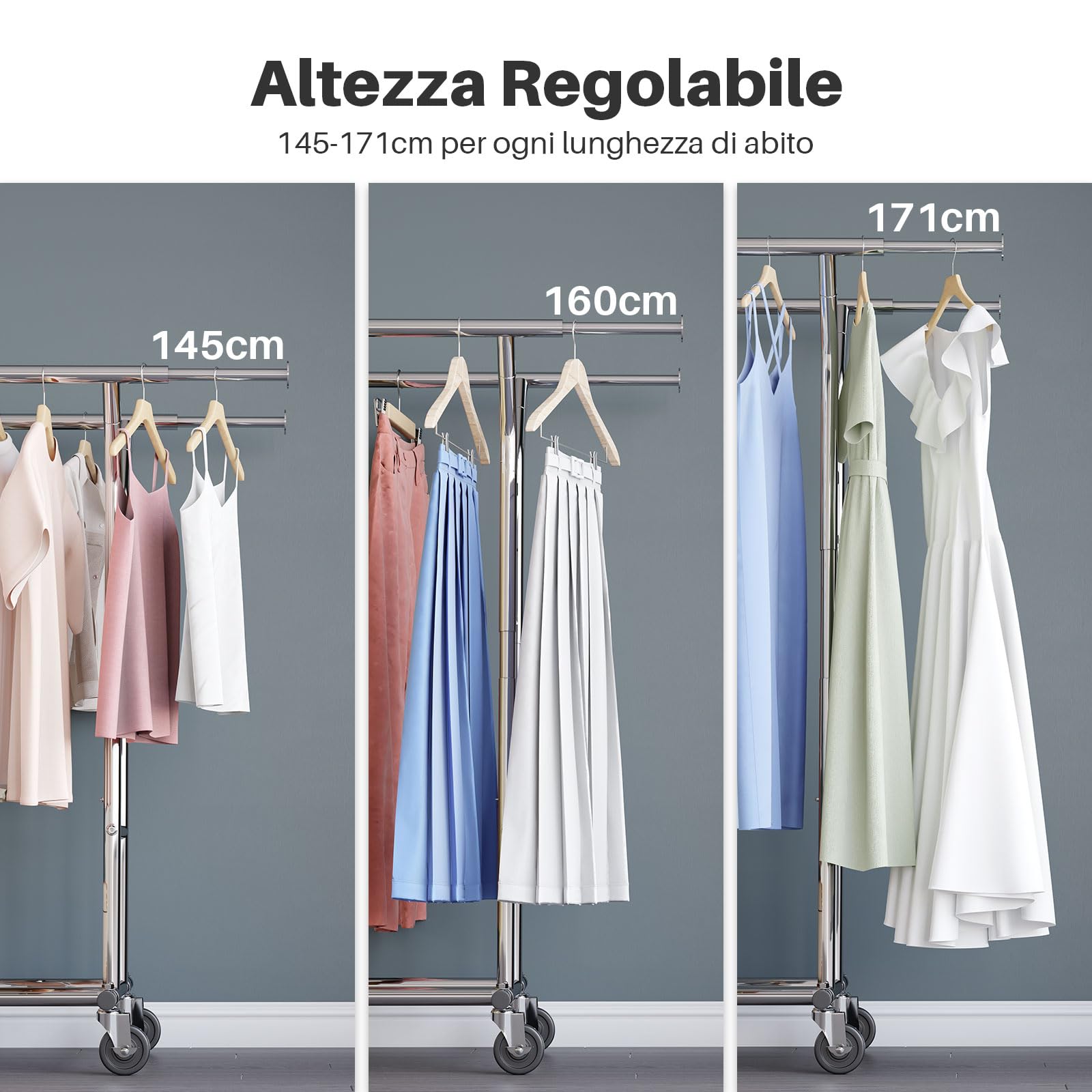 HOKEEPER Appendiabiti doppio resistente, regolabile, pieghevole, con ruote, capacità di carico di 180 kg, per abbigliamento commerciale, finitura cromata