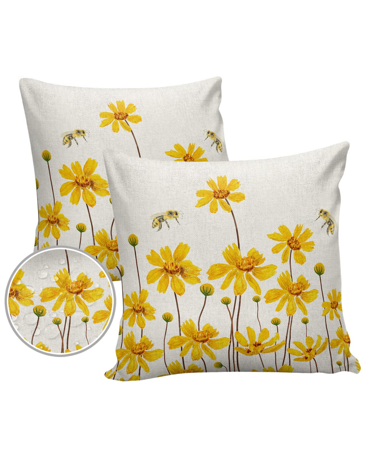Pack of 2 Waterproof Outdoor Pillow Covers 18x18 Inch Decorative Pillow Covers Flower Throw Pillow Covers Watercolor Floral Bees on Burlap Texture Yellow Outdoor Cushion Covers for Couch, Patio, Tent