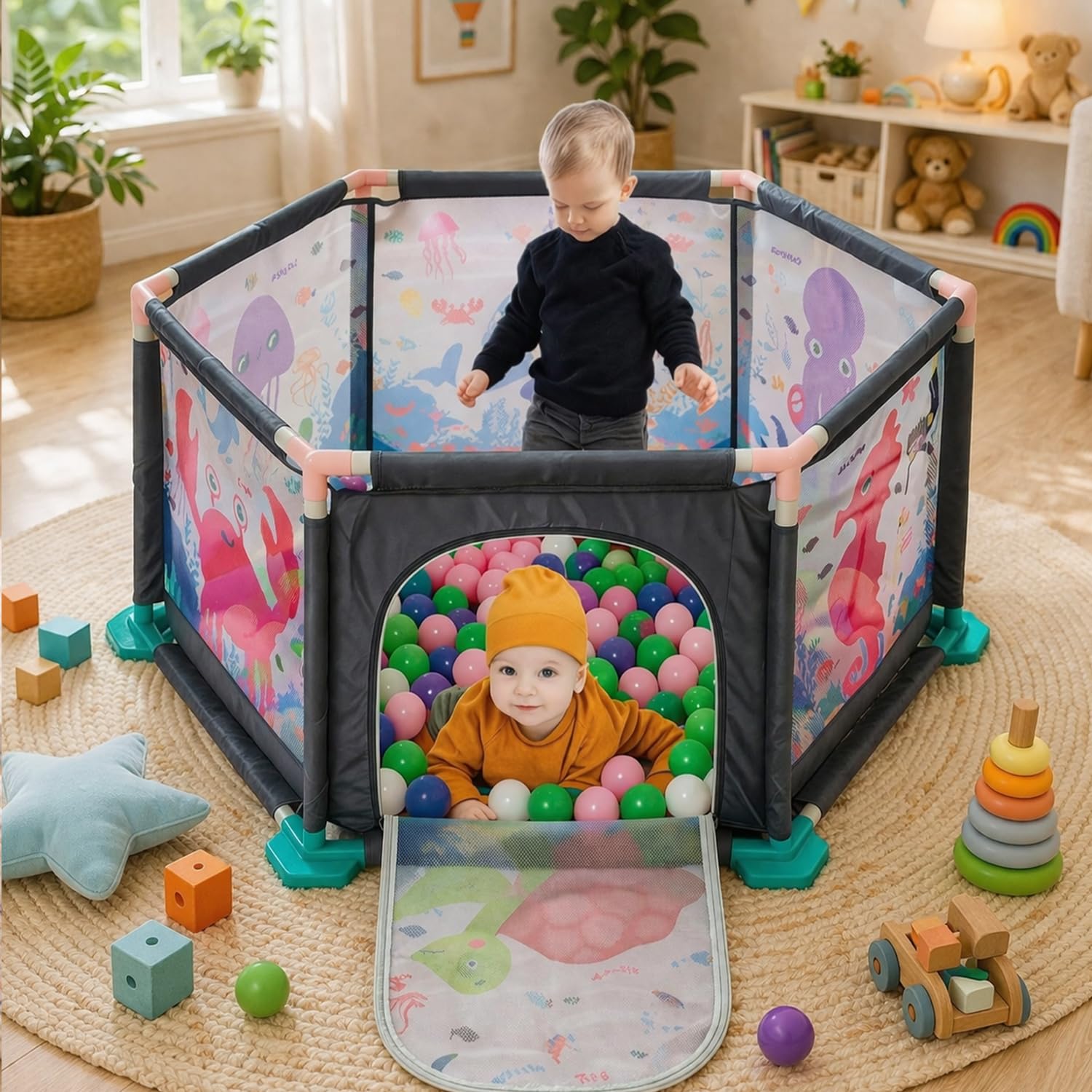 BabyGo Kids Ocean Fence Basketball Ball Pool for Kids, Play Tent House for 2+ Year Old Girls and Boys, Ball Pit for Kid, Spacious, Lightweight, Portable & Easy to Set Up (30 Balls)