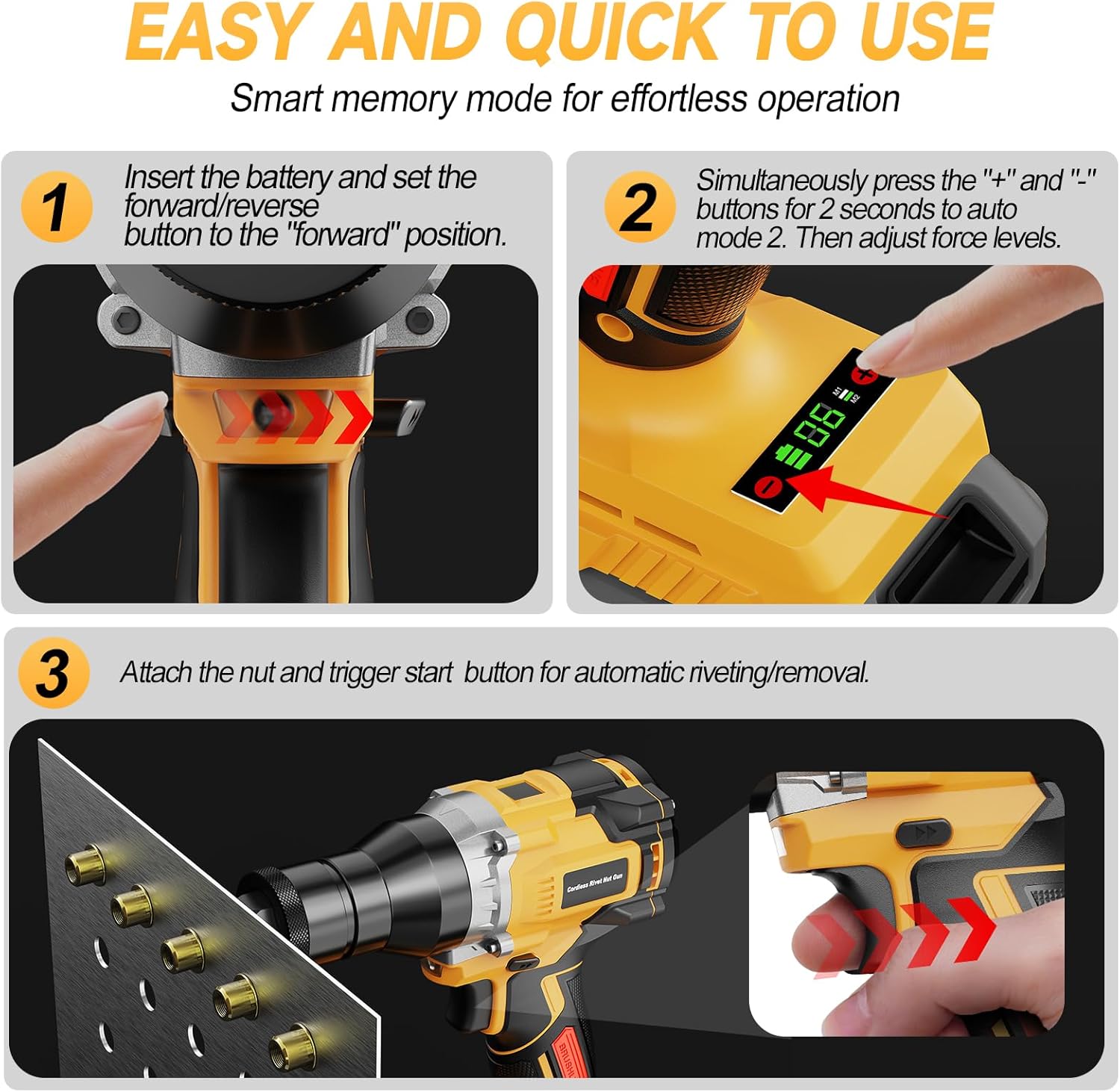 Cordless Rivet Nut Gun for De-walt 20V Battery, Electric Rivet Nut Tool Brushless Motor with 3 Sizes Rivet Nuts(1/4", 5/16", 3/8"), 2 Variable Speed, Auto & Manual Mode, Rivet Gun for DIY, Car Repair