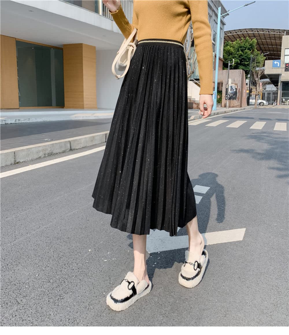 Faldas para Mujer Reino Unido,Falda De Invierno Negra Faldas Plisadas Elegantes para Mujer Cintura Elástica Midi Shinny Falda De Talle Alto De Una Línea Falda C(S)