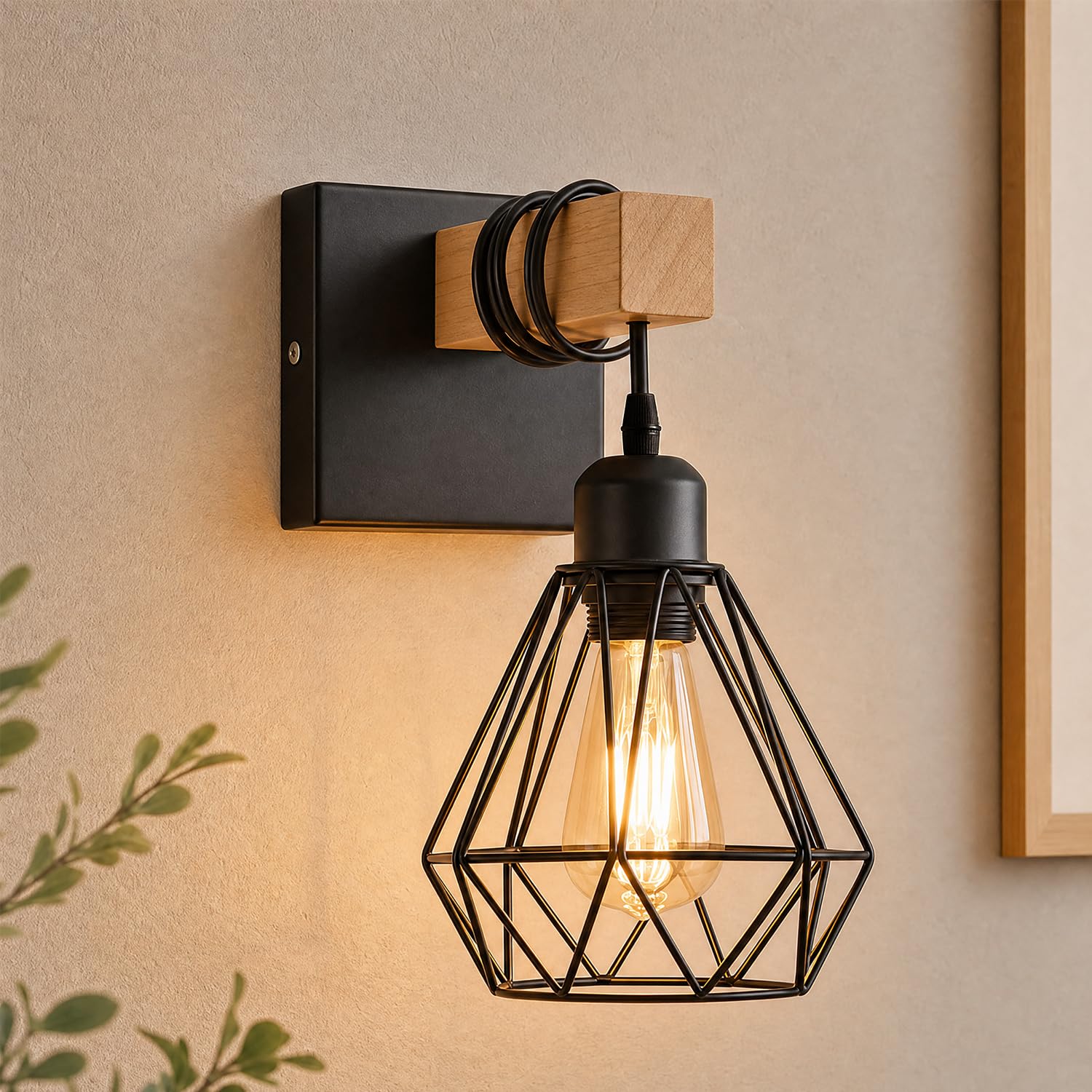 Sweier E27 Wall Lights, Black Metal Wood Wall Sconce Lights