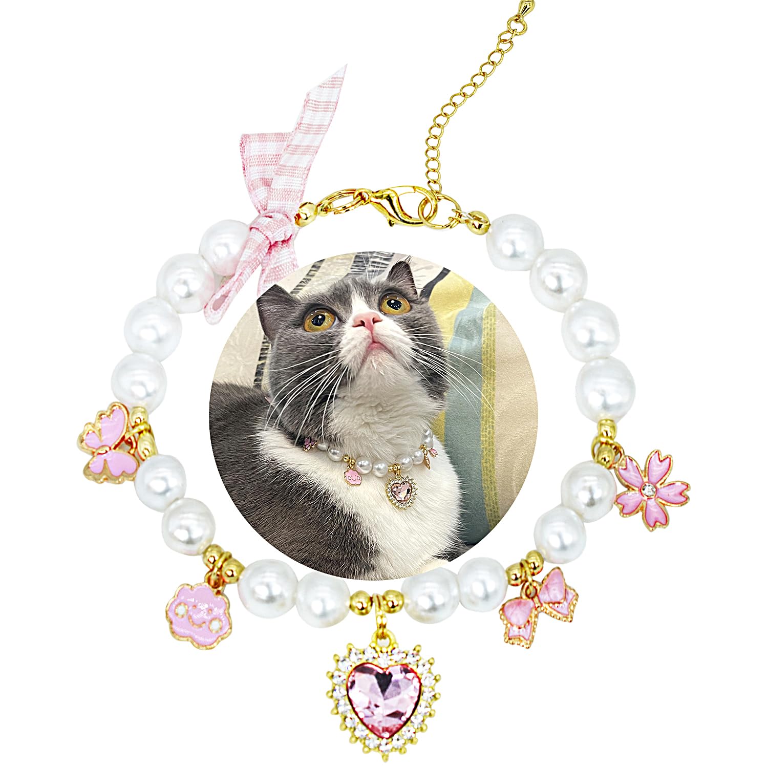 SM4BED Dog Cat Collar Pearl Necklace, White Beads with Cute Pink Bowknot and Shiny Rhinestone Diamond Pendant, Adjustable Small Pet Jewelry for Chihuahua Yorkie, S 8.6IN — image 1