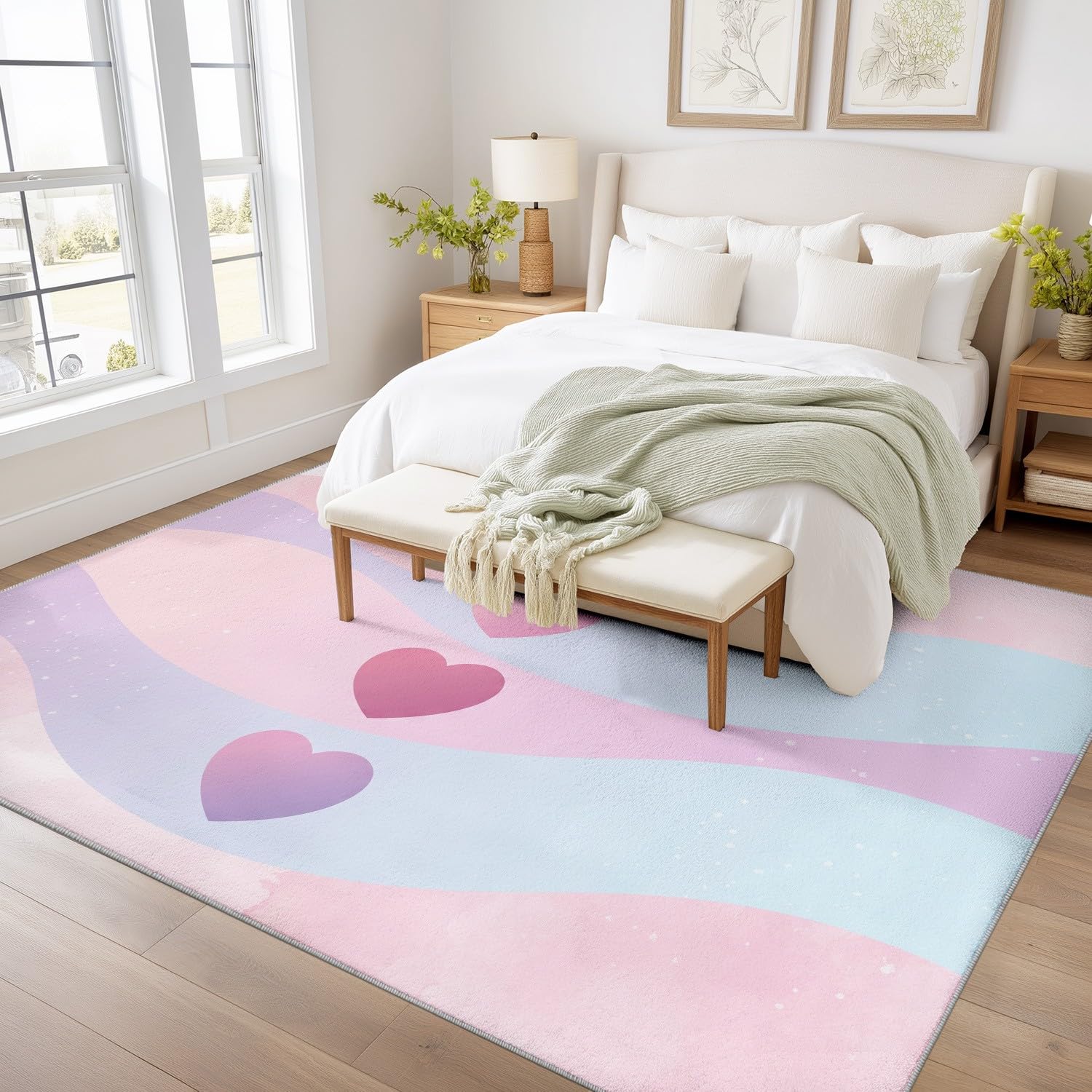 Tappeto moderno romantico per soggiorno, 140 x 200 cm, lavabile, antiscivolo, morbido, a pelo basso, antimacchia, motivo a cuori, per interni, decorazione per la casa