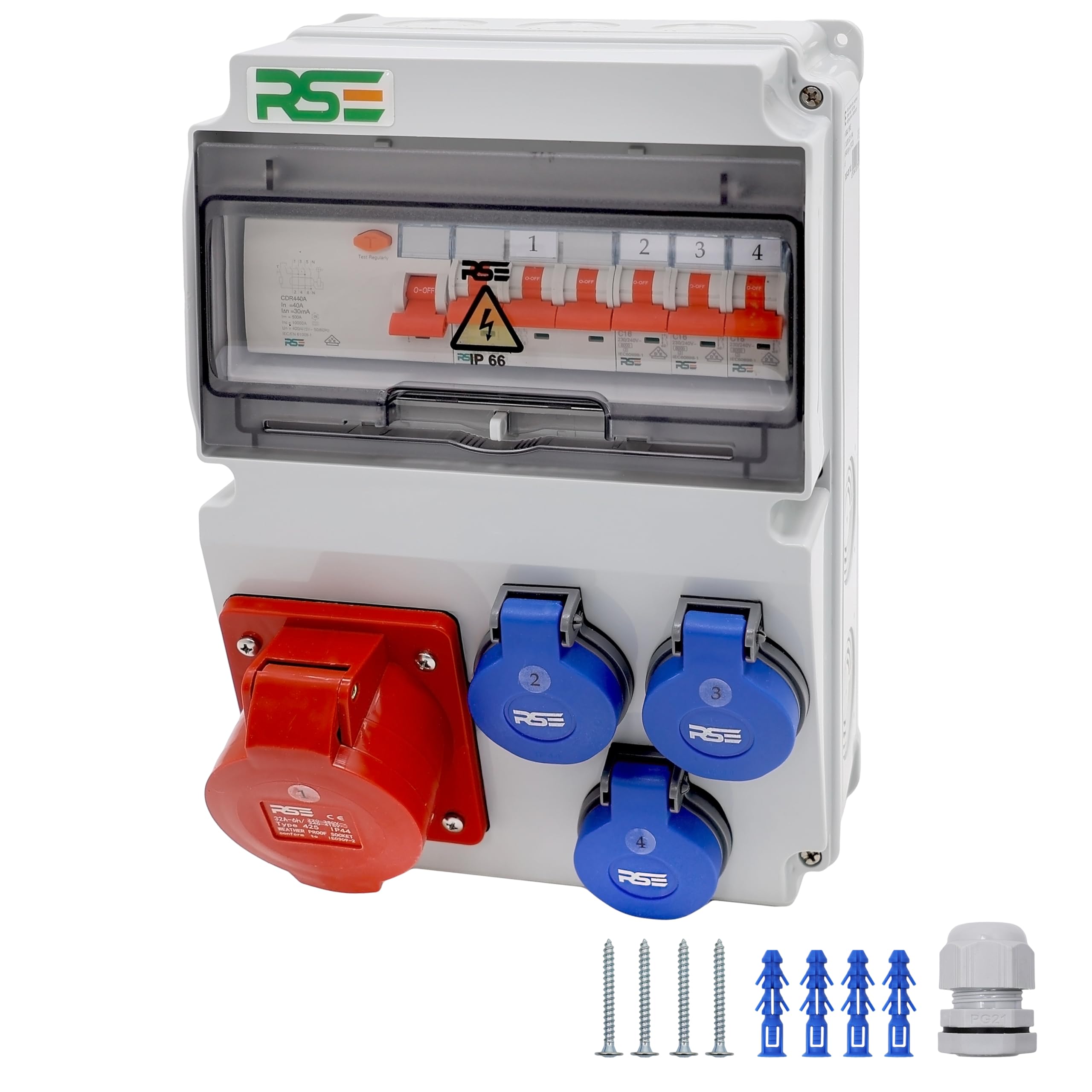 Distribuidor de corriente de pared completo con cable 32 A 16 A 230 V con enchufe CEE IP65, 6. 1 x 32 a 3 x 230 V con LS+FI