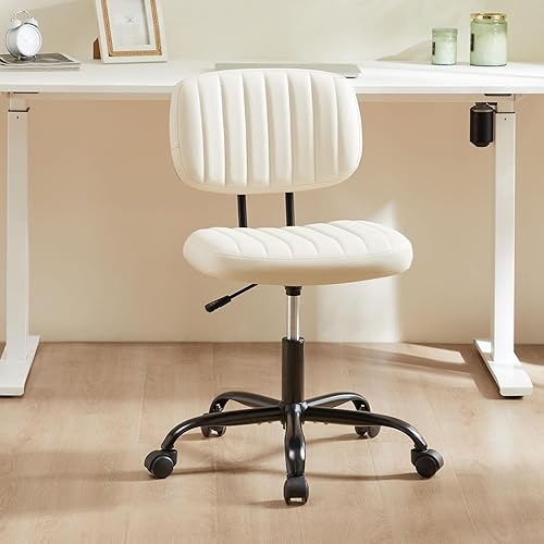 Miniatura 7 de Sweetcrispy Silla pequeña de escritorio de oficina, piel sintética sin brazos con cómodo soporte lumbar, altura ajustable para no tener brazos, para