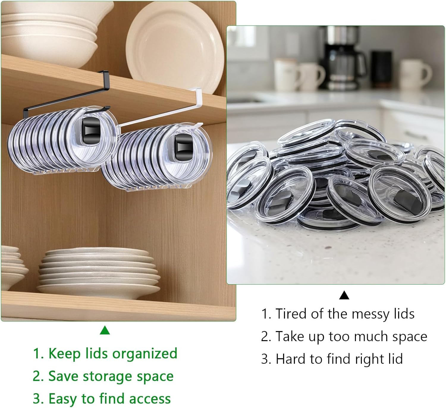 2 Pack Tumbler Lid Organizer for Water Bottle Cup and Mason Jar Storage - Space Saving Kitchen Coffee Cups Organizers Holds 24 Lids, No-Tool Corner Cabinet Rack, No Drill Needed, (Black) - Image 5