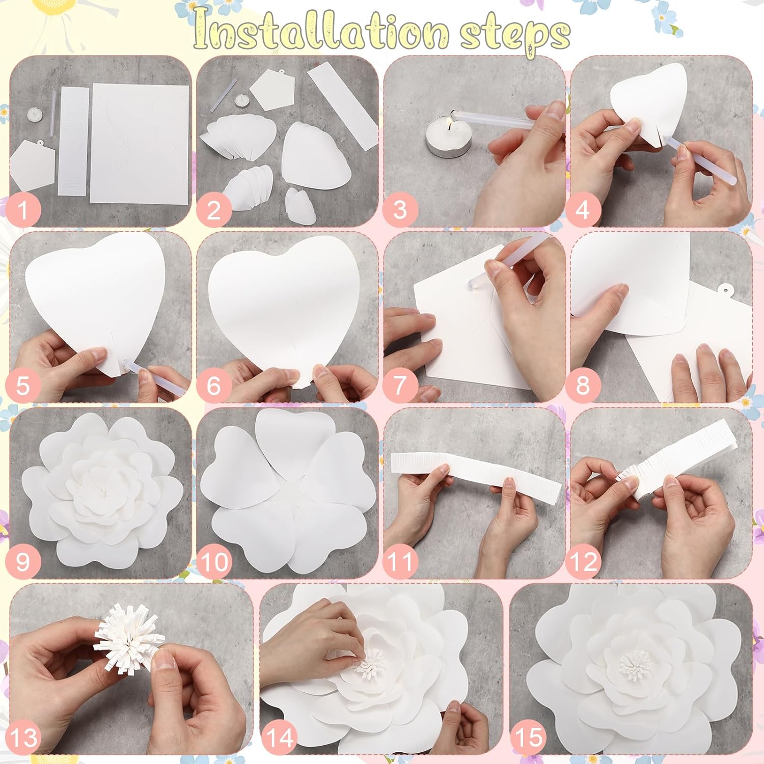 Marspark 27 Pcs Large Pink and White Paper Flowers Backdrop Decorations for Wall Giant DIY Artificial 3D Flower Decor with Butterfly Rattan Spring Tea Party Bulletin Board for Holiday Wedding