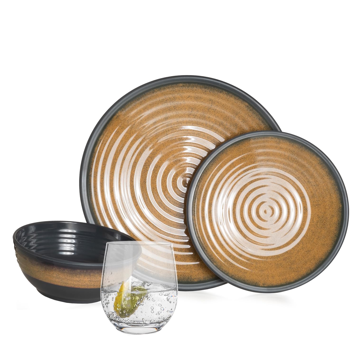 Juego de vajilla de melamina para camping, 4 personas, curry de piedra + 4 vasos de agua Timo