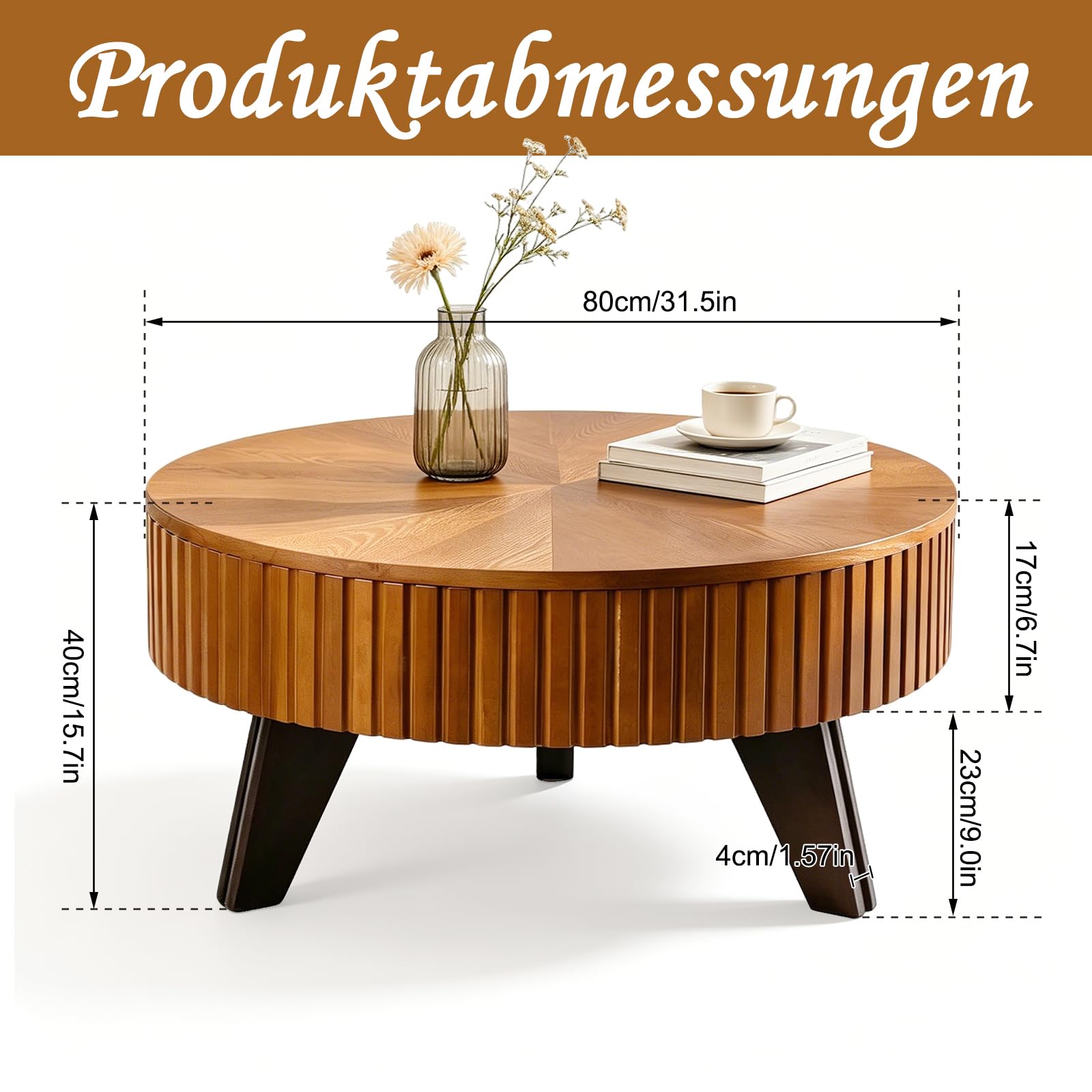 TWSOUL Runder Couchtisch 80cm, Retro Holzoptik mit Rillen & Stauraum, Stabil mit 3 Massivholzbeinen, Moderner Wohnzimmertisch für Apartment, Büro & kleine Räume, Natur