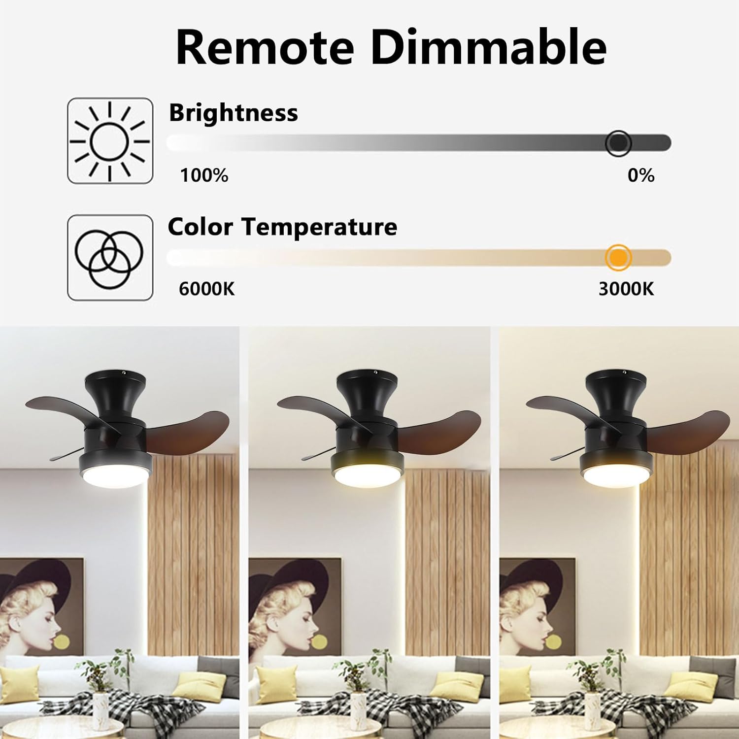 Black 16in Ceiling Fans with Lights Indoor Quiet Ceiling Fans with DC Motor Remote 6 Speeds Ceiling Fan Light Dimmable LED Ceiling Light Fixtures for Bedroom Lounge Room Study Room Balcony