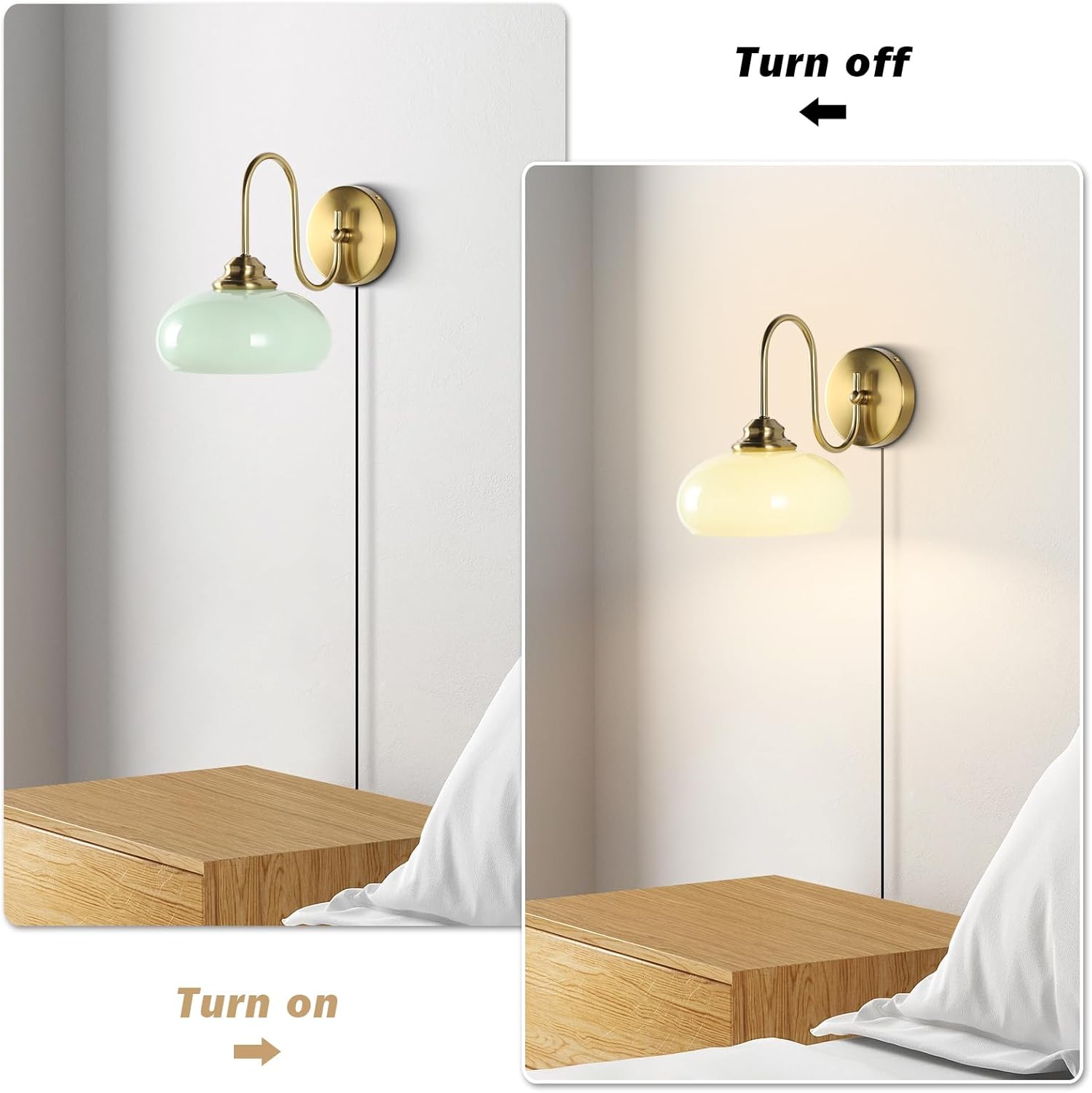 KCO Lighting Green Glass Wall Sconce Plug in Brushed Gold Wall Sconce Vintage Bedroom Wall Lights Plug in Wall Lighting for Living Room