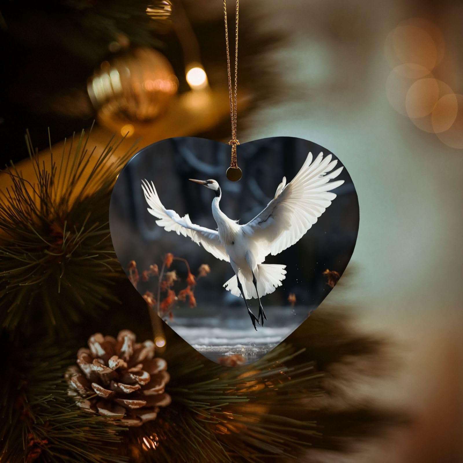 Christmas Ornaments for Christmas Tree Decoration Hanging Crane Dancing Ornament with Gold Ribbon Crafts Heart Shape Ceramic Pendant for Keepsake Gifts Xmas Decor Party Supplies