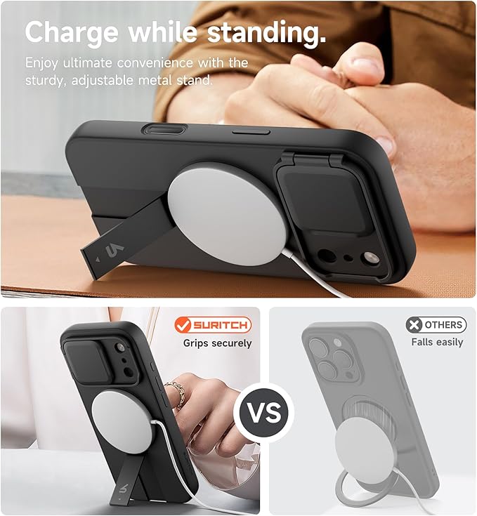 SURITCH for iPhone 17 Pro Case with Camera Control Cover, Camera Cover and Adjustable Kickstand, Compatible with MagSafe, Shockproof Bumper Protective Cases 6.3 Inch, Black