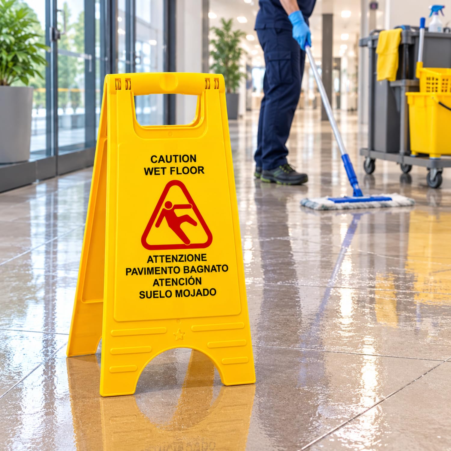 OWIJI Cartello Pavimento Bagnato Set 4 Cavalletti Pericolo Multilingue Bifacciale Segnale Autoportante Giallo Pieghevole 28x60 cm Plastica Alta Visibilità per Sicurezza Luoghi Pubblici e Lavoro