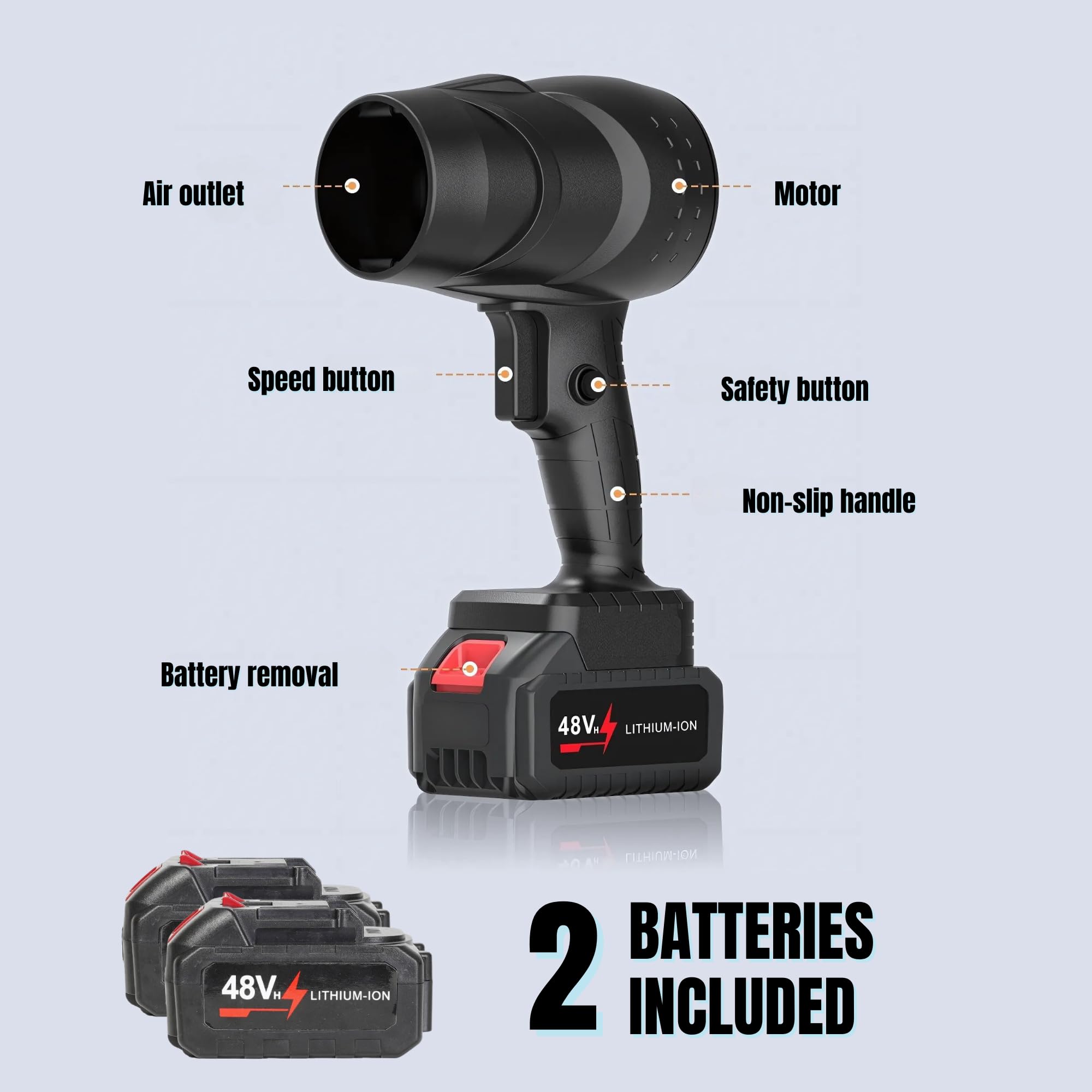 Soplador de Chorro Turbo. Soplador Turbo Jet, 130000 RPM. Plumero de Aire Inalámbrico. Mini Soplador de Hojas. 1050 W. Incluye 2 Baterías de 48V. para Limpiar Jardín, Nieve, Polvo, Etc.