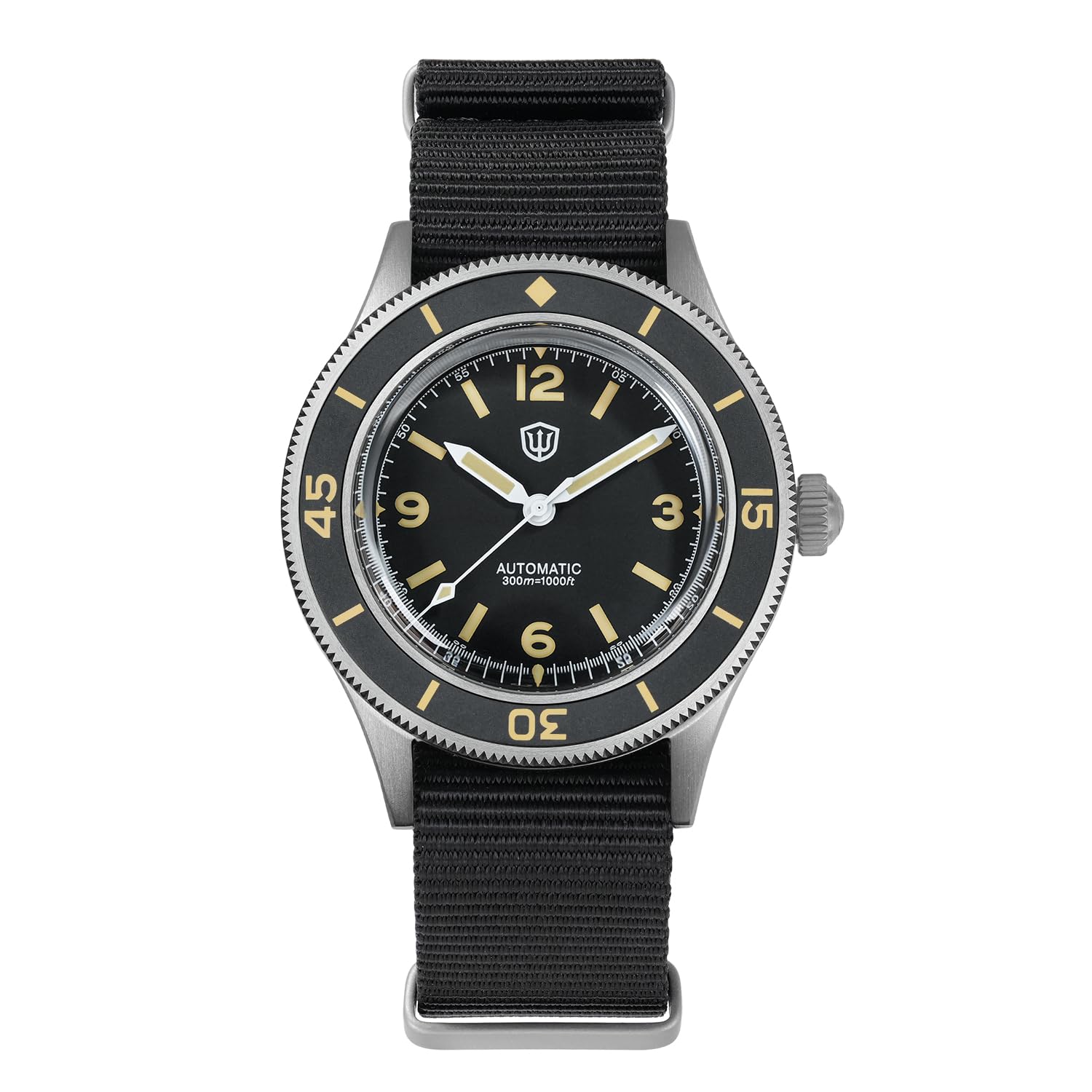 watchdives Montre de plongée automatique vintage WD50 Fathoms NH35 NH38 - Verre incurvé de 40 mm - Étanche à 300 m - Cadran noir avec bracelet en nylon