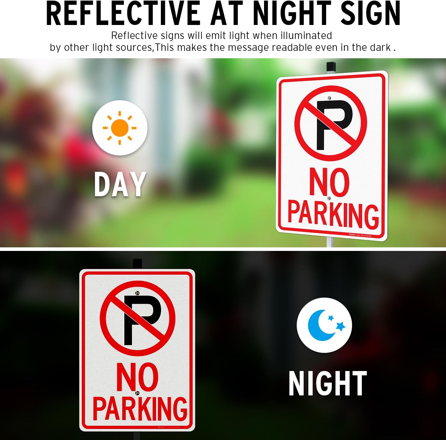 Faittoo No Parking Signs with 36" Stake for Outside, 4-Pack 14"x10" Rust Free Heavy Aluminum, Reflective, Fade Resistant, 2 pre-drilled holes, Includes Matching Screws & Wrench, Easy to Mount