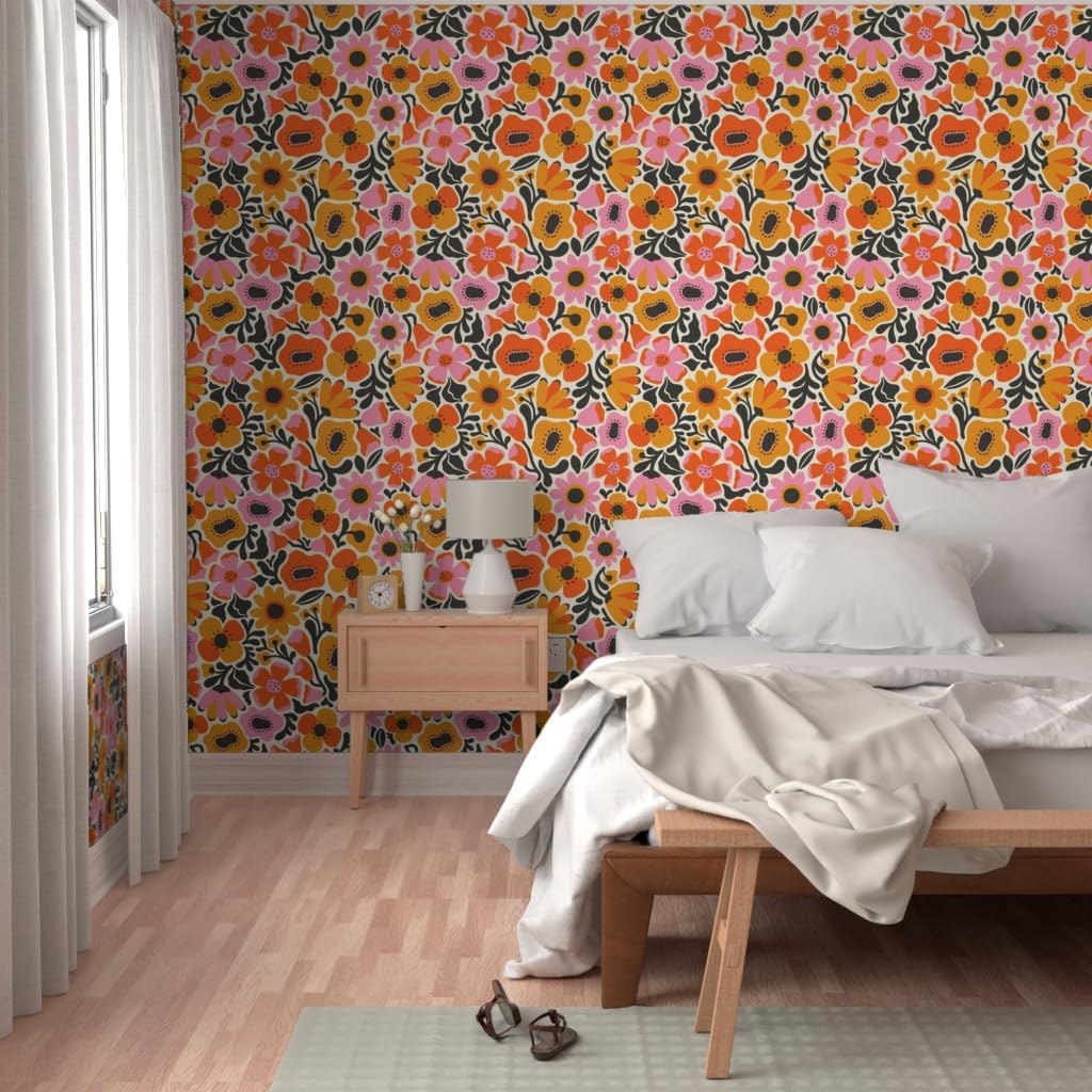 Spoonflower Peel & Stick Wallpaper 3ft x 2ft - Retro Abstract Poppies Seventies Floral Botanical Flowers Dopamine Dressing MCM Mid Mod Midcentury Custom Removable Wallpaper