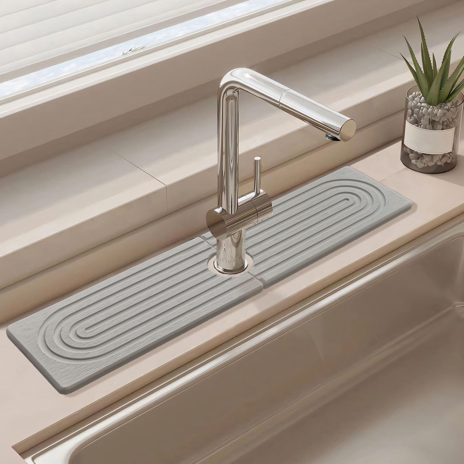 Kitchen Faucet Absorbent Mat, 15.7" Long Stone Faucet Mat For Kitchen Sink, Kitchen Sink Splash Guard Stone, Super Absorbent, Diatomite Kitchen Faucet Mat For Bathroom Counter (Gray)