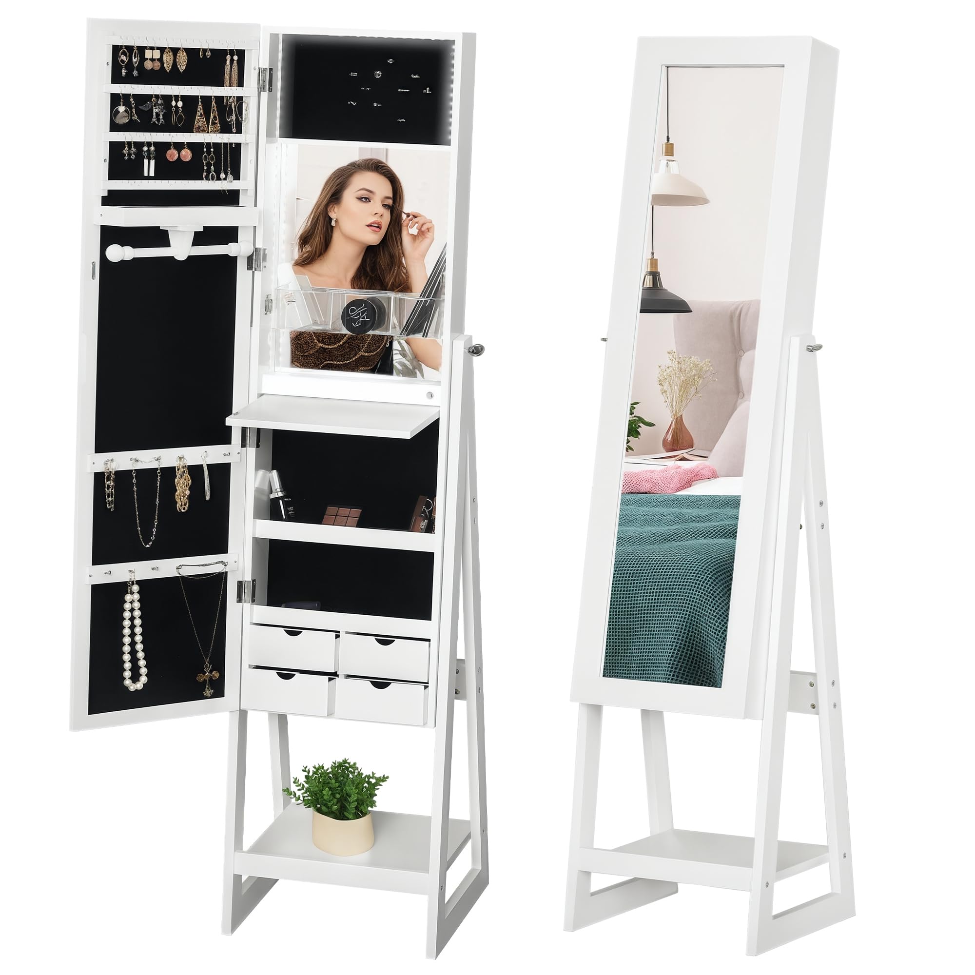 HOMCOM Jewellery Cabinet, Standing Mirror with LED Lights, Full-Length Mirror with Storage Drawers, Hooks and Shelves, Make-Up Armoire, Jewellery Organiser for Bedroom, White