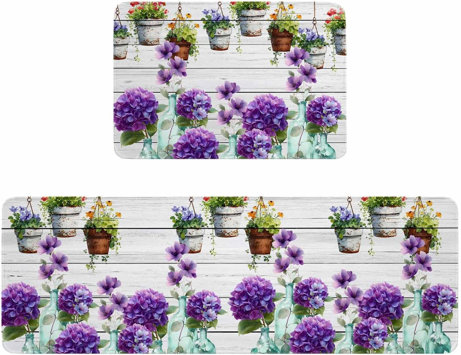Spring Purple Flowers Kitchen Rugs and Mats Non Slip Washable Set of 2, Botanical Vases Pots Floral Wooden Kitchen Runner Rugs Mats for Floor Laundry Room Hallway 17.7"x30"+17.7"x47.2"