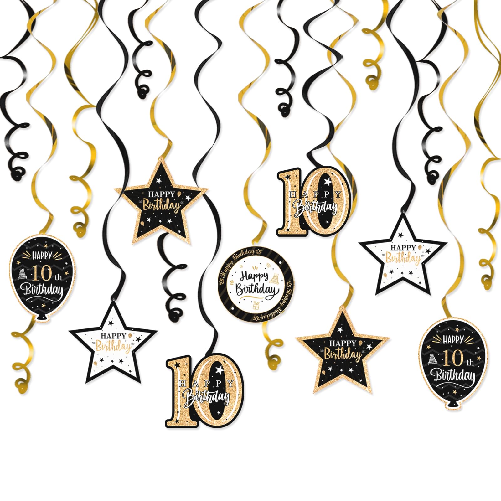 Nelbiirth Happy 10th Birthday Black & Gold Glitter Swirls Streamers Party Decorations - 15 Pcs 10th Birthday Hanging Swirls Streamers Kit,Cheers to
