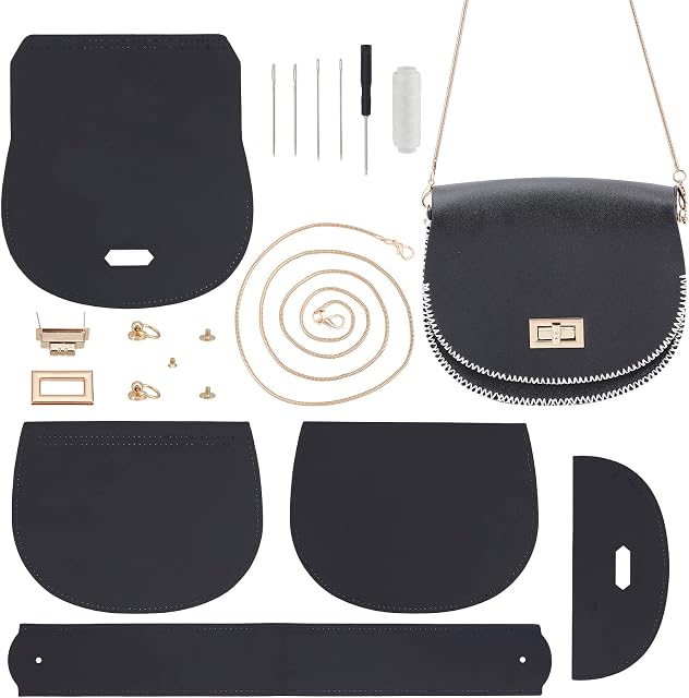 WADORN DIY PU Leather Handbag Making Materials Kit, Leather Craft Bag Sewing Accessories Black Knitting Crochet Purse Making Supplies Handmade Shoulder Crossbody Bag Making Tools Set, 19x6x16cm