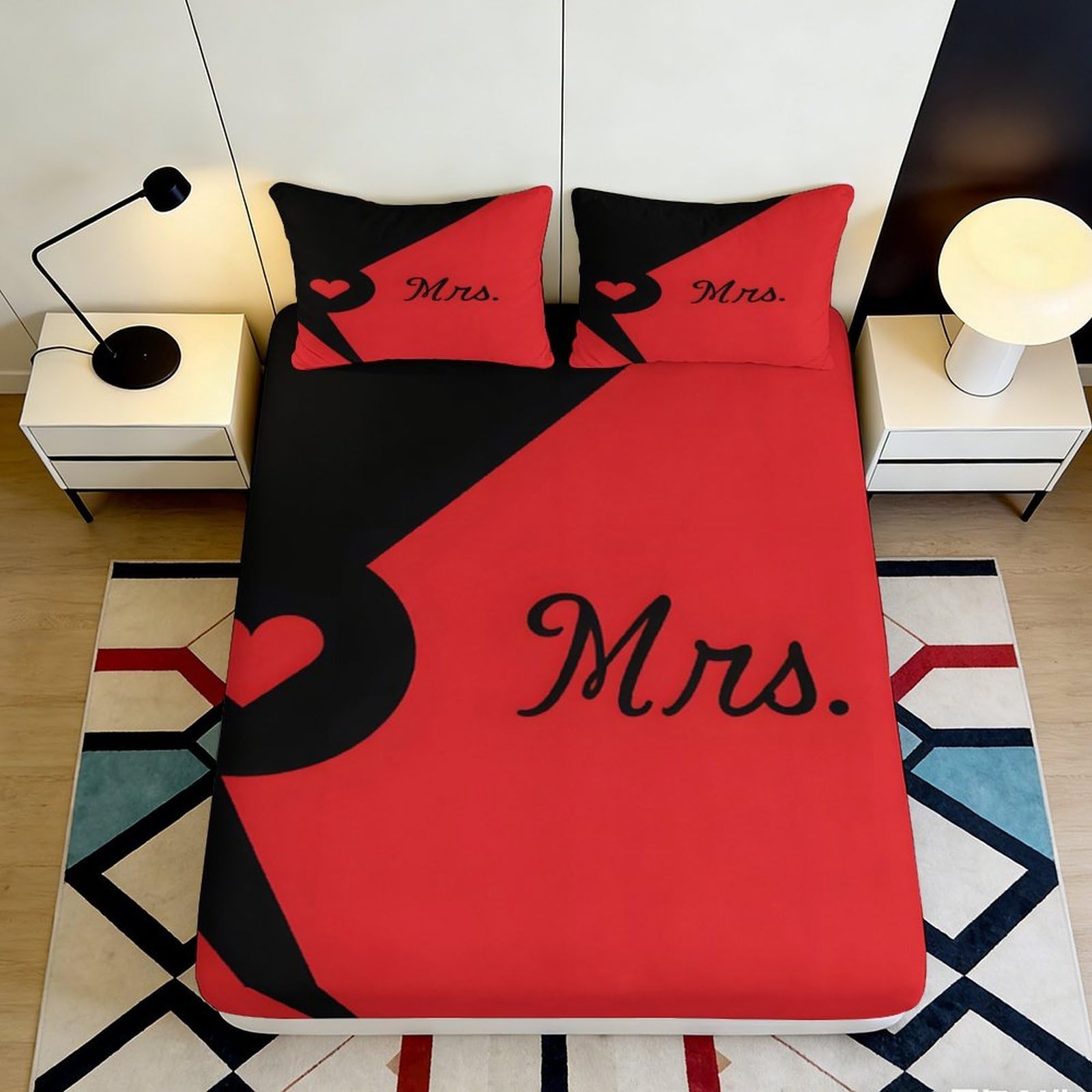Jqzkxnhpbr Style-5 3D Printed Red Black Heart Fitted Sheet Microfiber Modern Mrs Letter Bed Cover For Bedroom Guest Room Decor 90X200x25cm