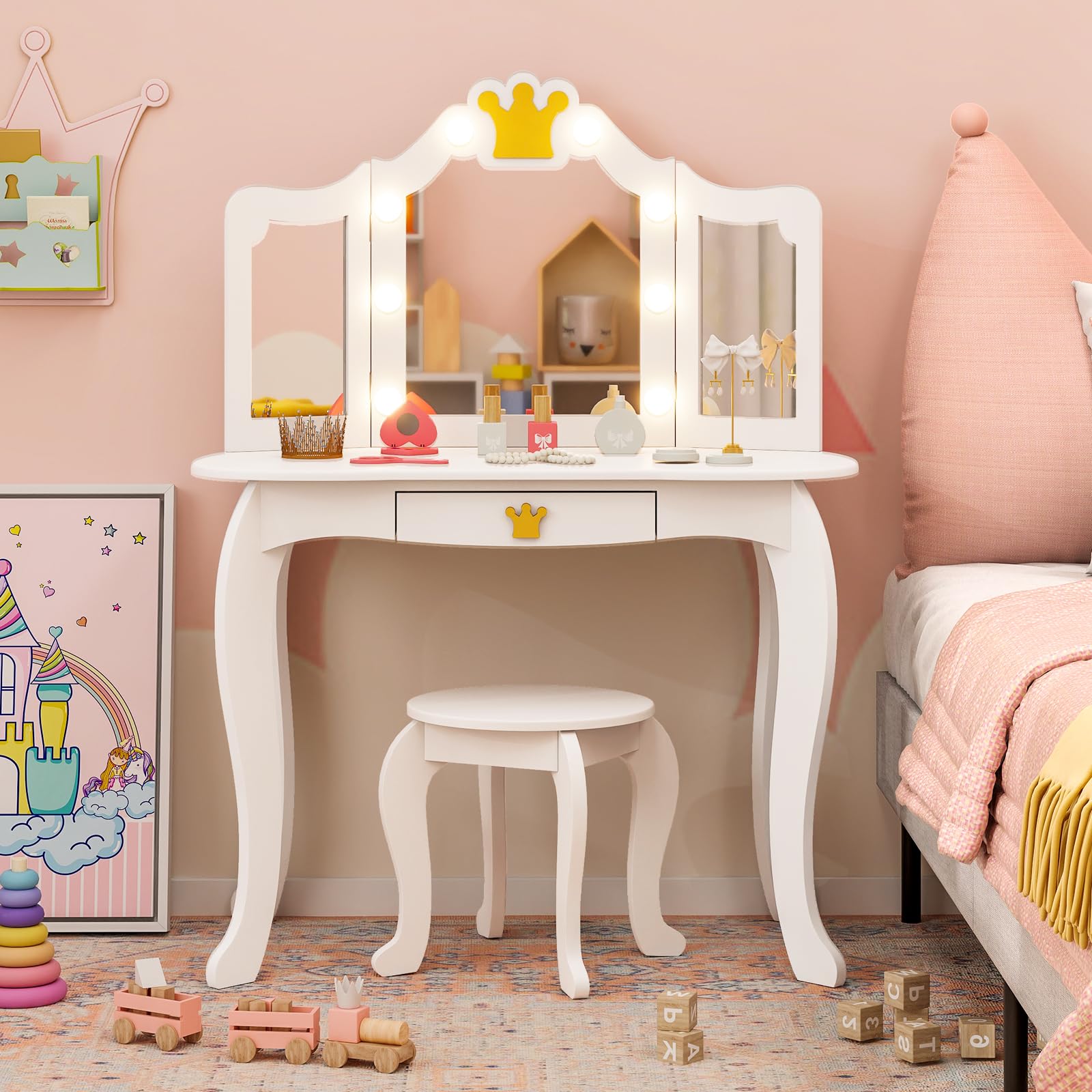 LIFEZEAL Juego de tocador Infantil, Mesa de Maquillaje con Taburete para niña, tocador con 8 Bombillas y Espejo Plegable, Set de Mesa y Silla con cajón