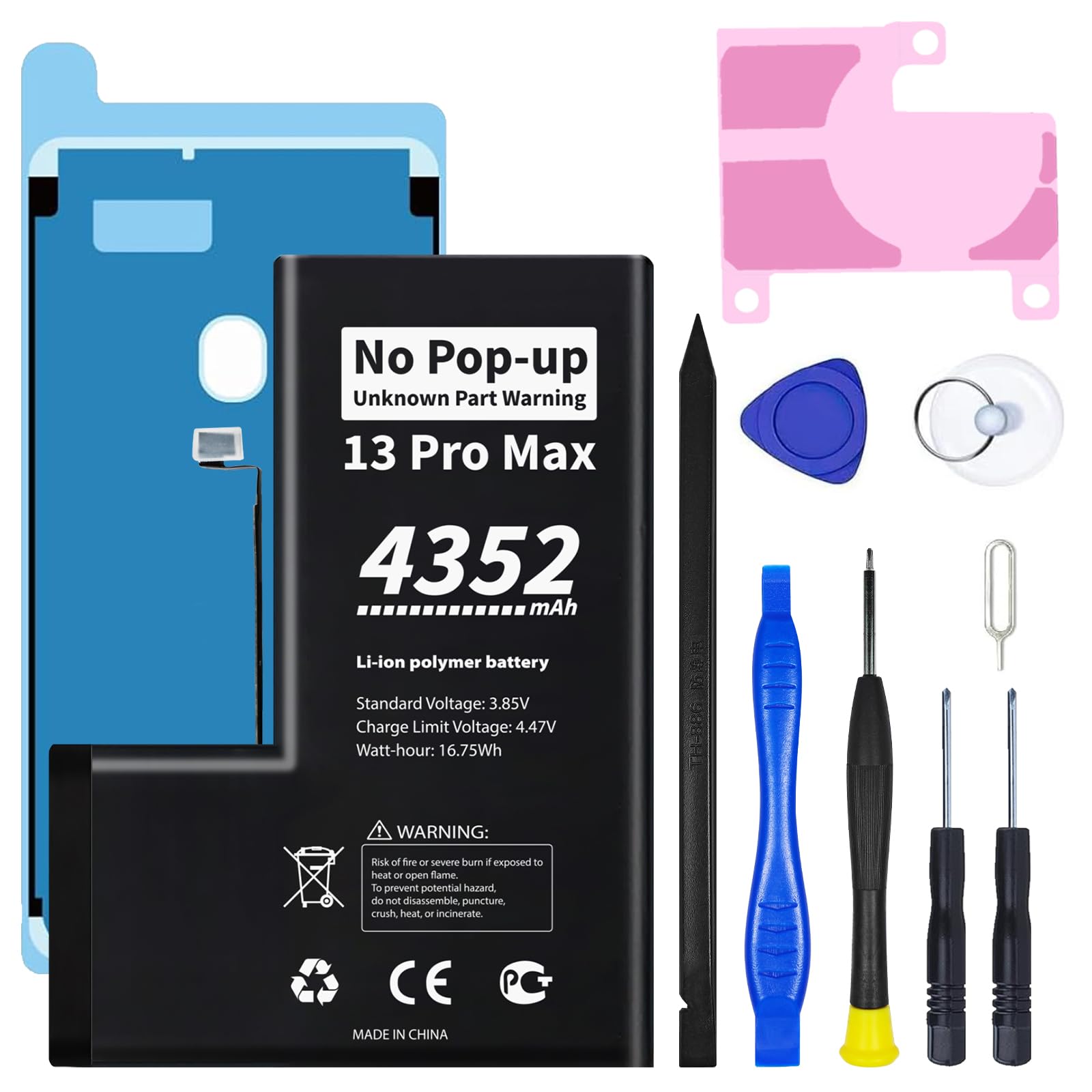 No Pop-up Unknown Part Warning for iPhone 13 Pro Max Diagnostic Battery,Truthfully Rated 4352mAh Capacity Li-Polymer Rechargeable Battery Replacement