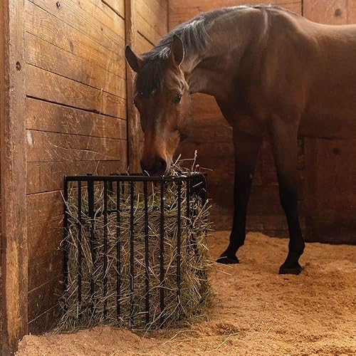 Miniatura 7 de Estante de heno de suelo de alimentación lenta de pared plana para caballos  Experiencia de pastoreo natural de color negro  Montado en la pared