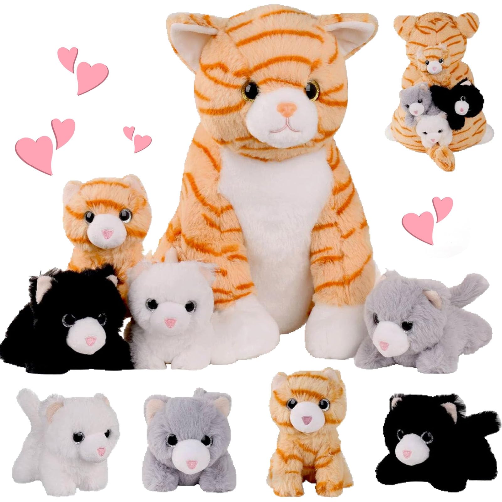 5 PCS Cat Stuffed Animal with Babies Inside Belly - Mommy Stuffed Orange Tabby Cat with 4 Plush Kittens Toys, Stuffed Kitty Plushies Toy for Kids Boys Girls Christmas Birthday Gift