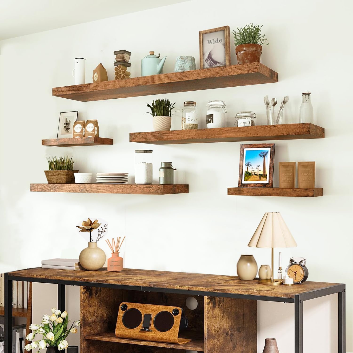 Long 36 Inch Floating Shelves - Rustic Floating Shelves for Wall with 1/5" Thicker Steel Brackets | Heavy Duty Farmhouse Wall Shelves | Solid wood Core | Rustic Wood Shelves for Bedroom Décor Set of 2