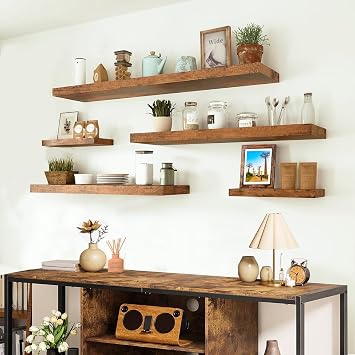 Long 36 Inch Floating Shelves - Rustic Floating Shelves for Wall with 1/5 Thicker Steel Brackets | Heavy Duty Farmhouse Wall Shelves | Solid wood Core | Rustic Wood Shelves for Bedroom Decor Set of 2