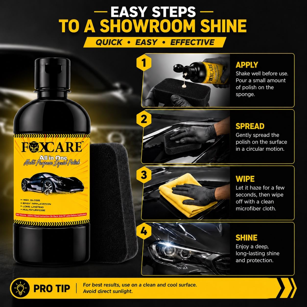 Foxcare All In One Polish 200ml | Car & Bike Liquid Polish | Removes Minor Scratches, Water Repellent Coating | Dashboard Plastic Fibre Restorer | Shine Enhancer & Paint Protection 1