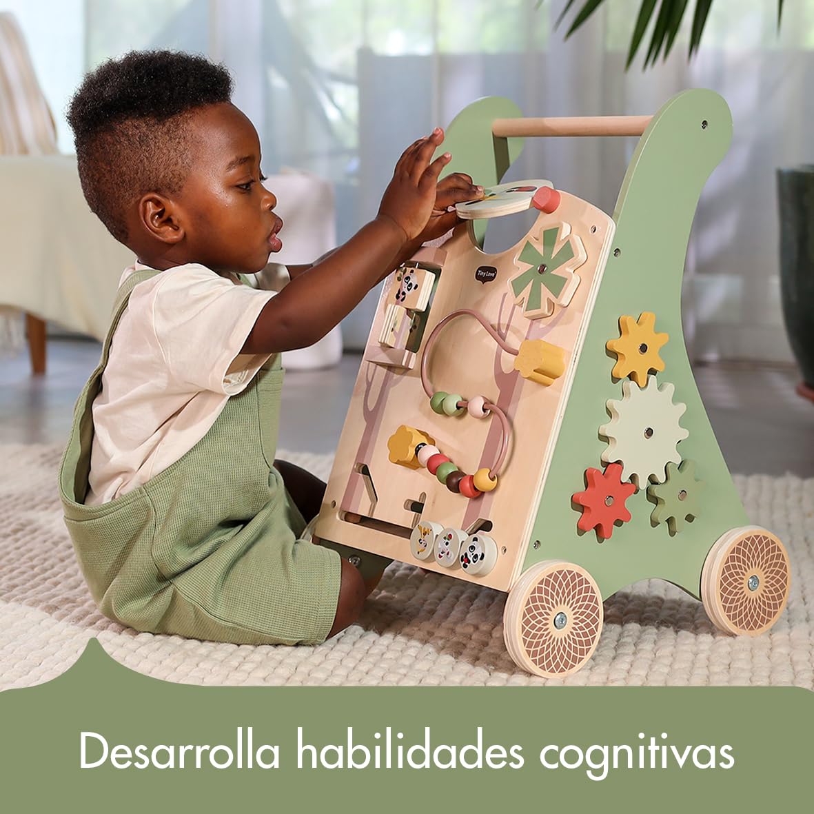 Tiny Love Andador Bebes Madera, 2-en-1 andador de actividades, 12 actividades interactivas, habilidades motoras, desarrollo cognitivo, diseño natural, más de 18 meses, Boho Chic
