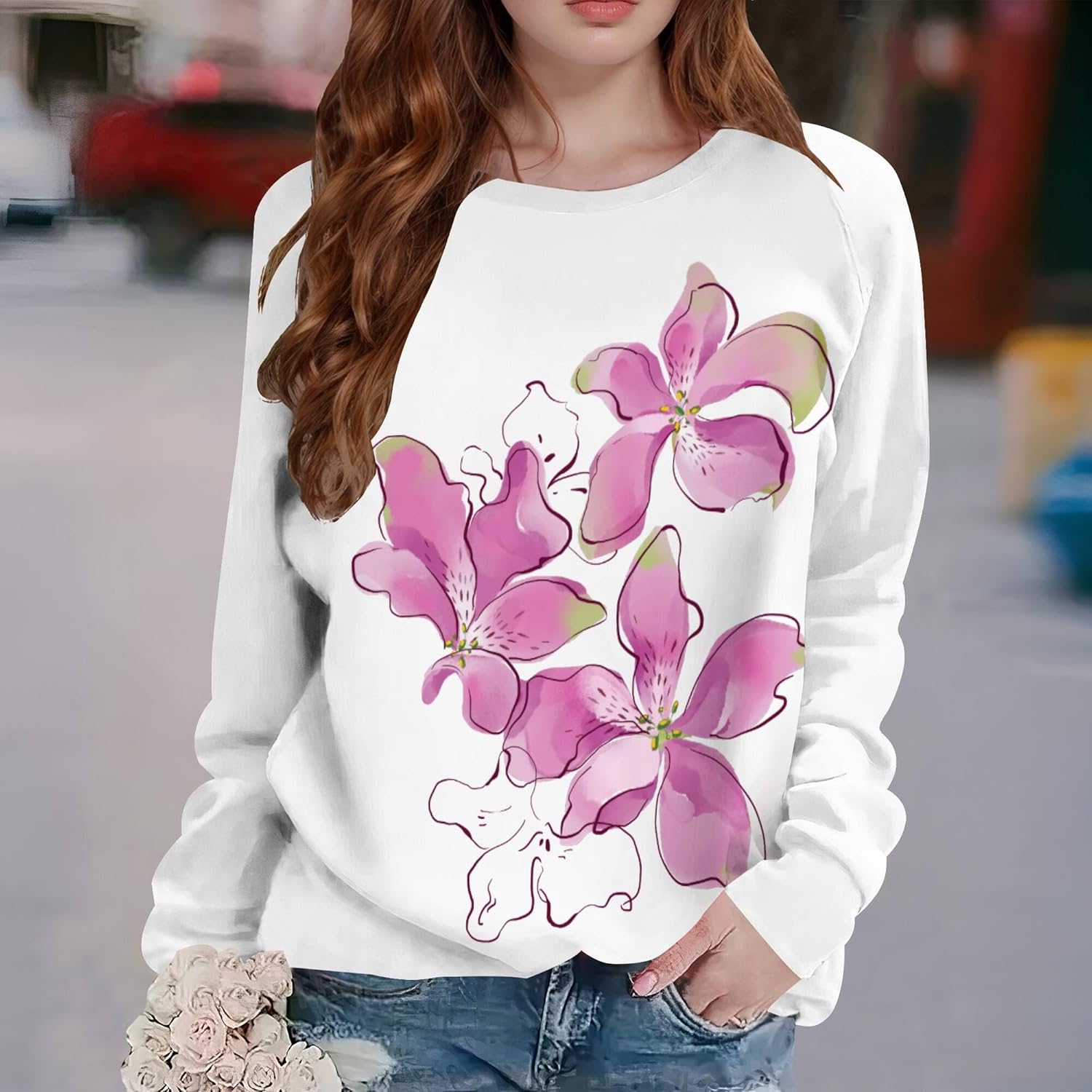 Flower Graphic Sweatshirt for Women Vintage Minimalistic Floral Printed Casual Loose Pullover Crewneck Tops Fall - Image 2