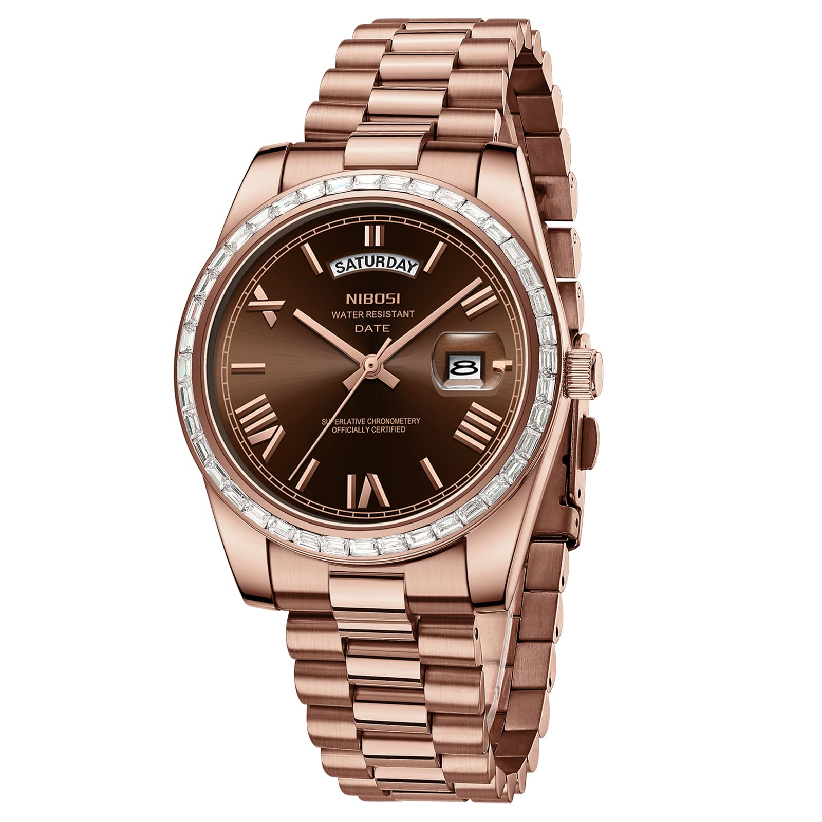 Watches for Men Analog Quartz Diamond Bezel Stainless Steel Dial Rose Gold Silver Mens Watch Waterproof Business Classic Wrist Watch Day Date-image-23