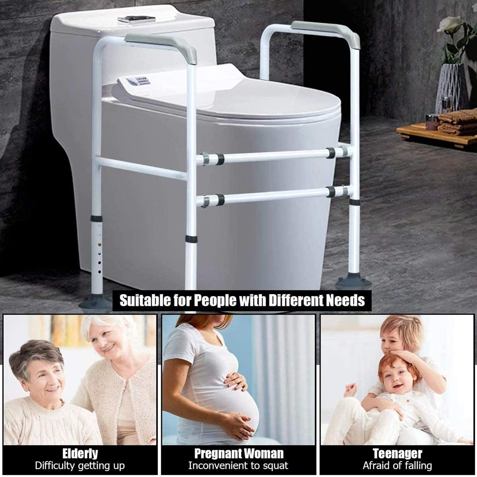 Reposabrazos para Inodoro Reposabrazos de Seguridad para Ancianos, Barras de Agarre de baño Ajustables y Libres para Ancianos con Ventosa Grande, riel de Seguridad para Inodoro Ind