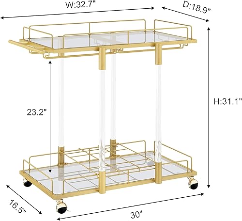 Miniatura 6 de O&K FURNITURE Carrito de barra dorada con estante para vino y soporte para vidrio, carrito de servicio de barra de acrílico con ruedas, carrito de