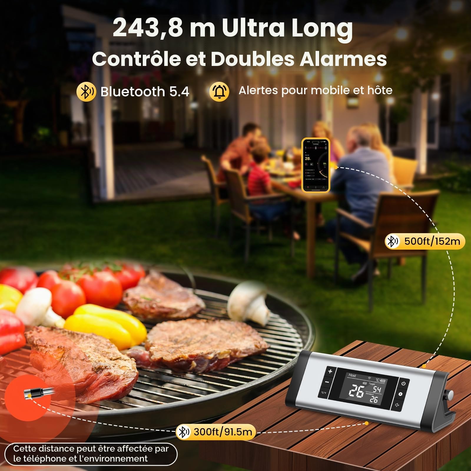 Thermometre Cuisine sans Fil, Sonde Temperature Cuisine Barbecue, Thermometre Connecté Bluetooth 240m et App, Étanche et Rechargeable, Minuterie et Alarme, Thermomètre Viande pour Four, Grill, Cadeau